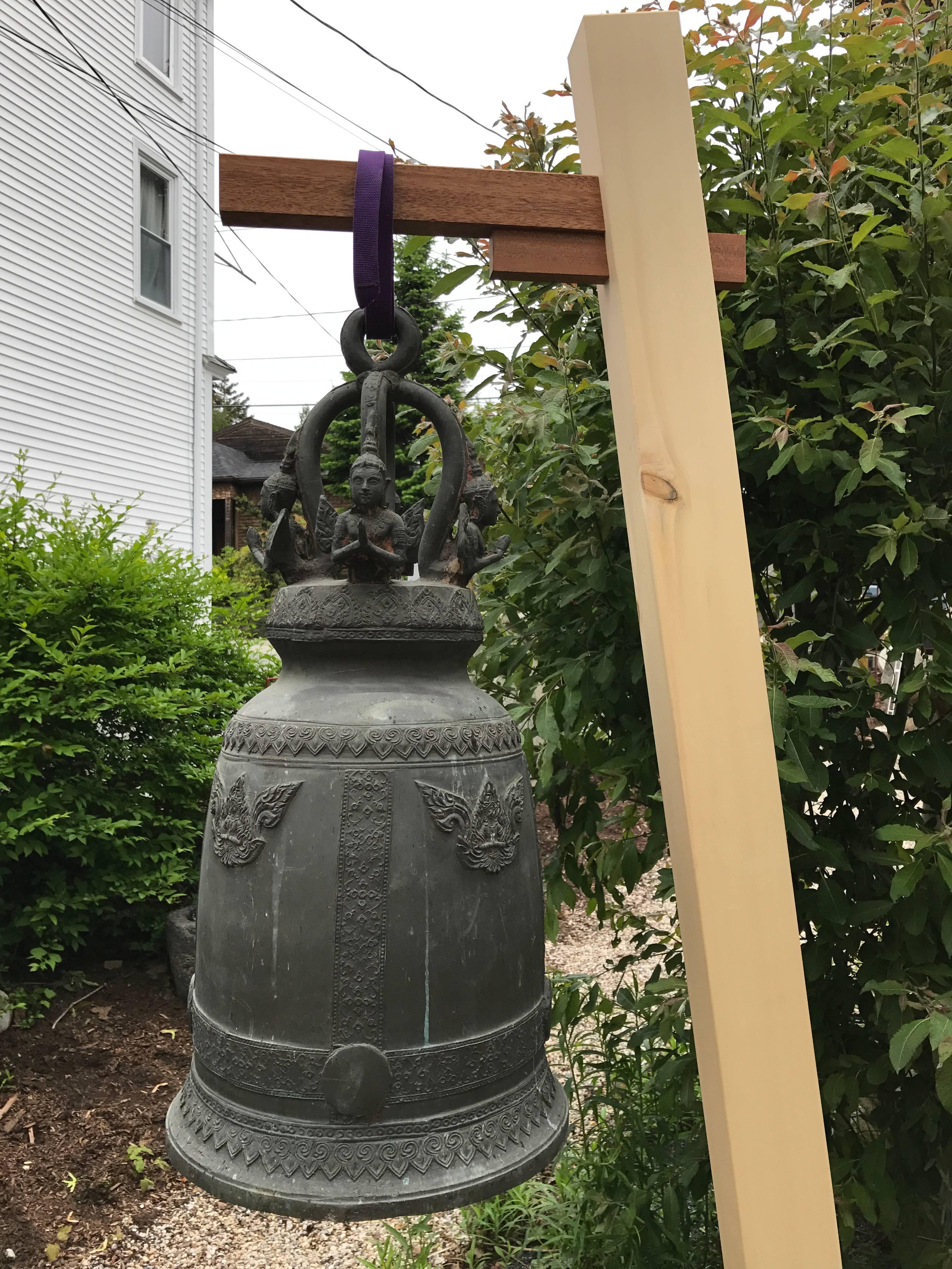 Beautiful Resonating Antique Asian Cast Bronze Temple Bell and Craftsman Tower In Good Condition In South Burlington, VT