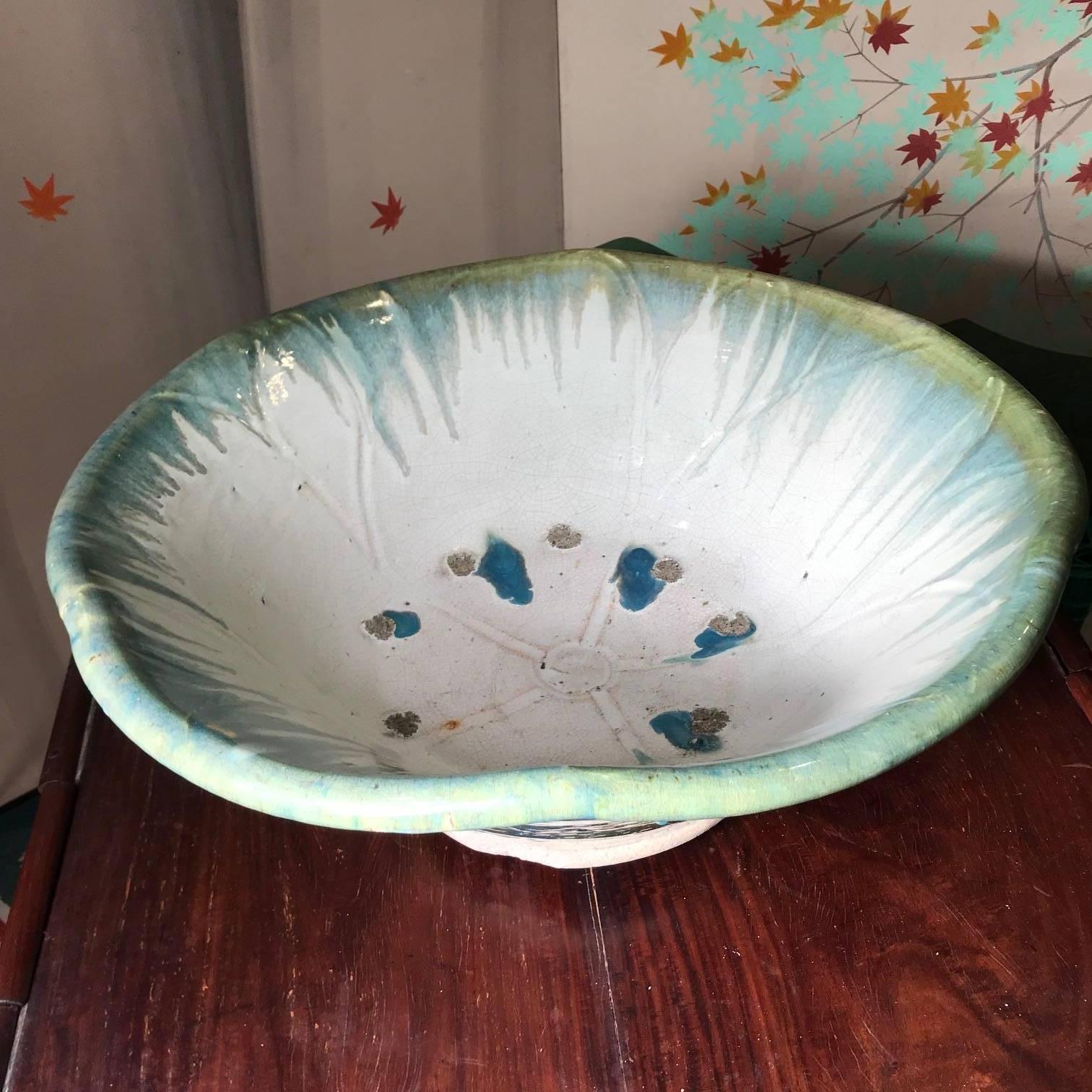 Hand-Crafted Japanese Big Stunning Hand Thrown Blue Glazed Lotus Water Planter Basin