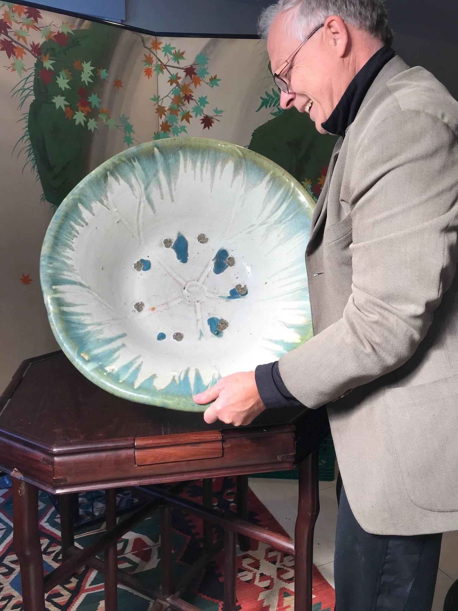 Japanese Big Stunning Hand Thrown Blue Glazed Lotus Water Planter Basin In Good Condition In South Burlington, VT