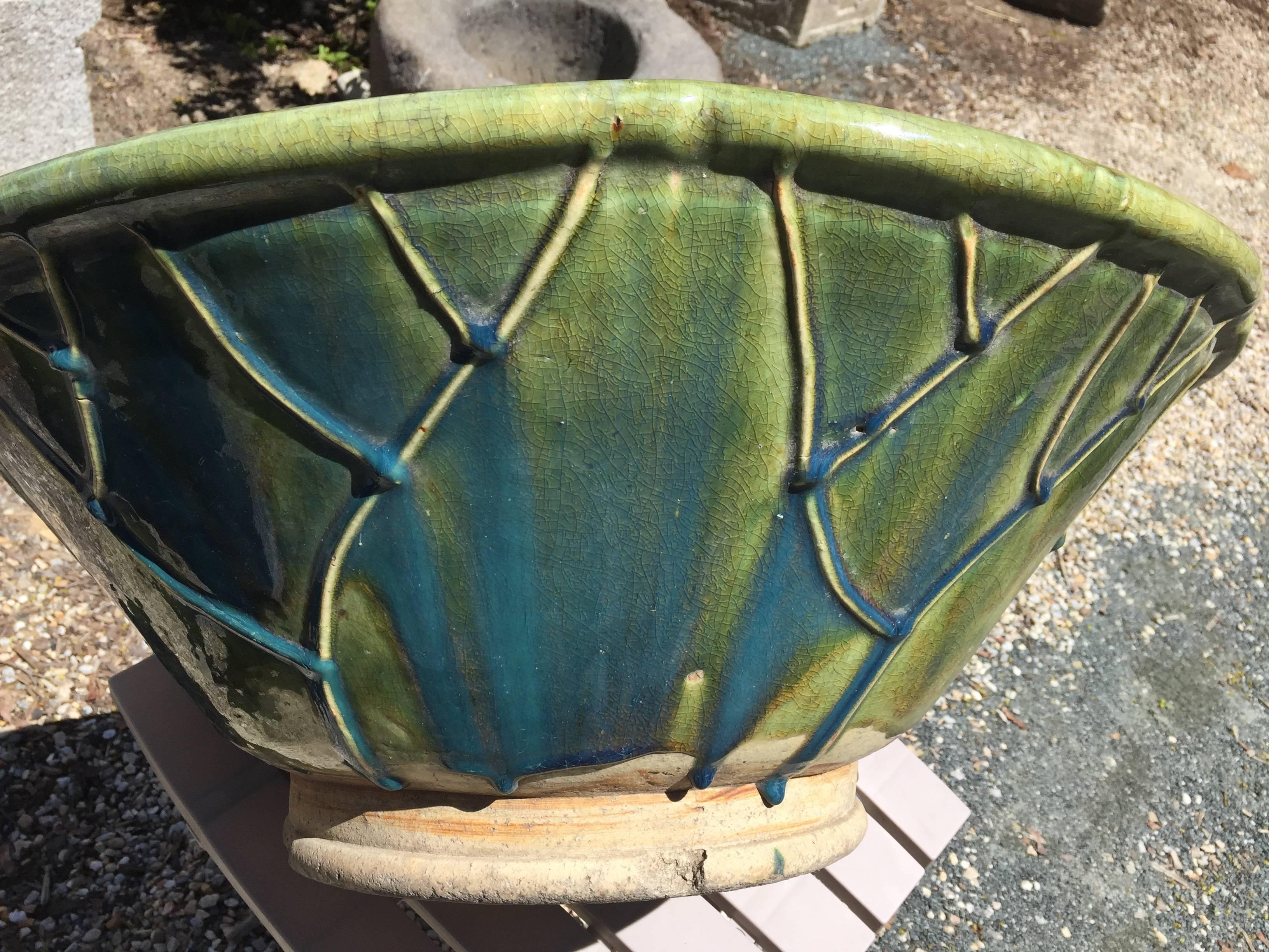 Showa Japanese Big Stunning Hand Thrown Blue Glazed Lotus Water Planter Basin