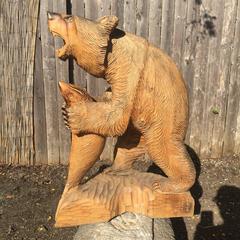 Japanese Big Hand-Carved Bear with Salmon Catch