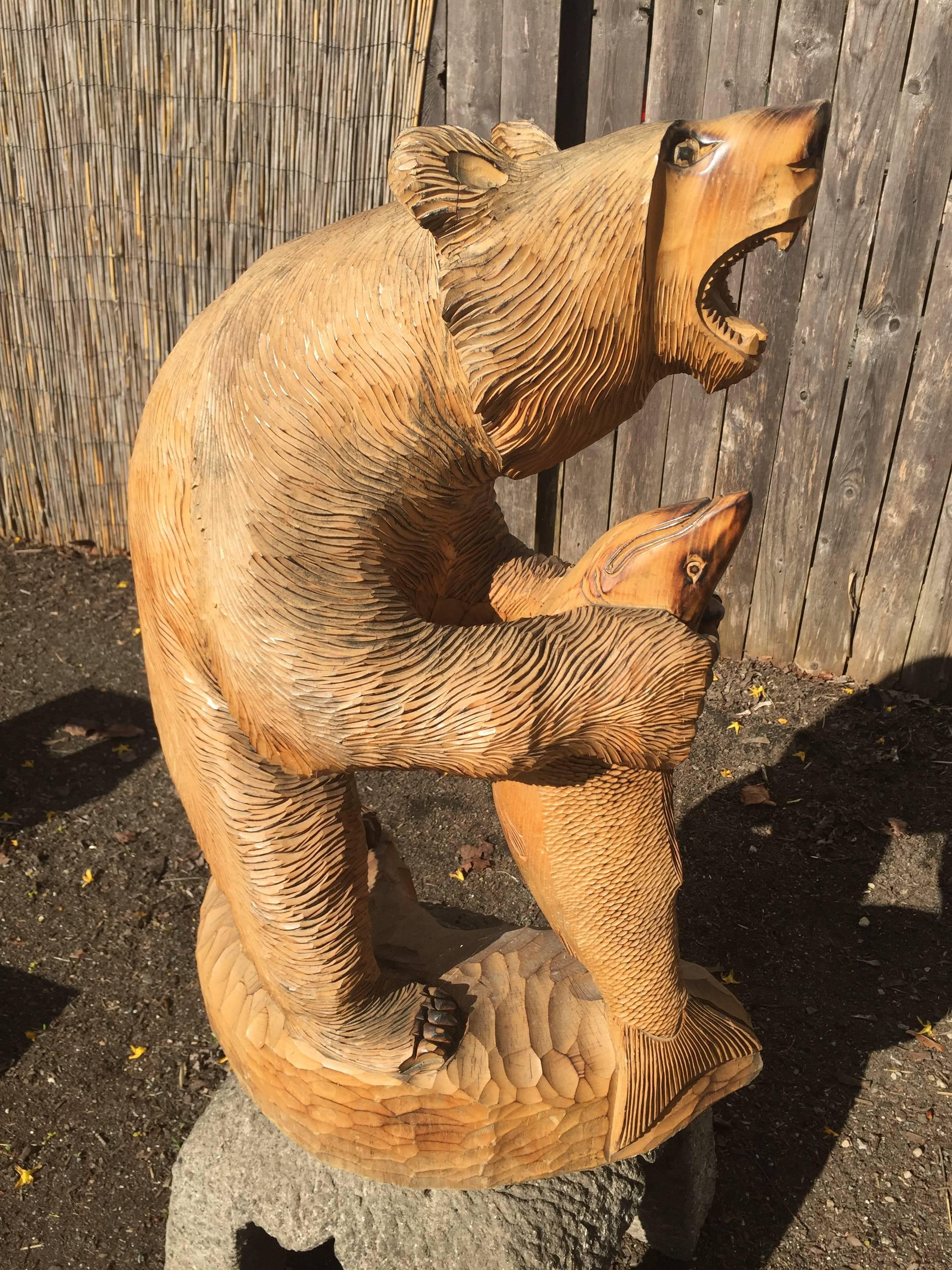 20th Century Japanese Big Hand-Carved Bear with Salmon Catch