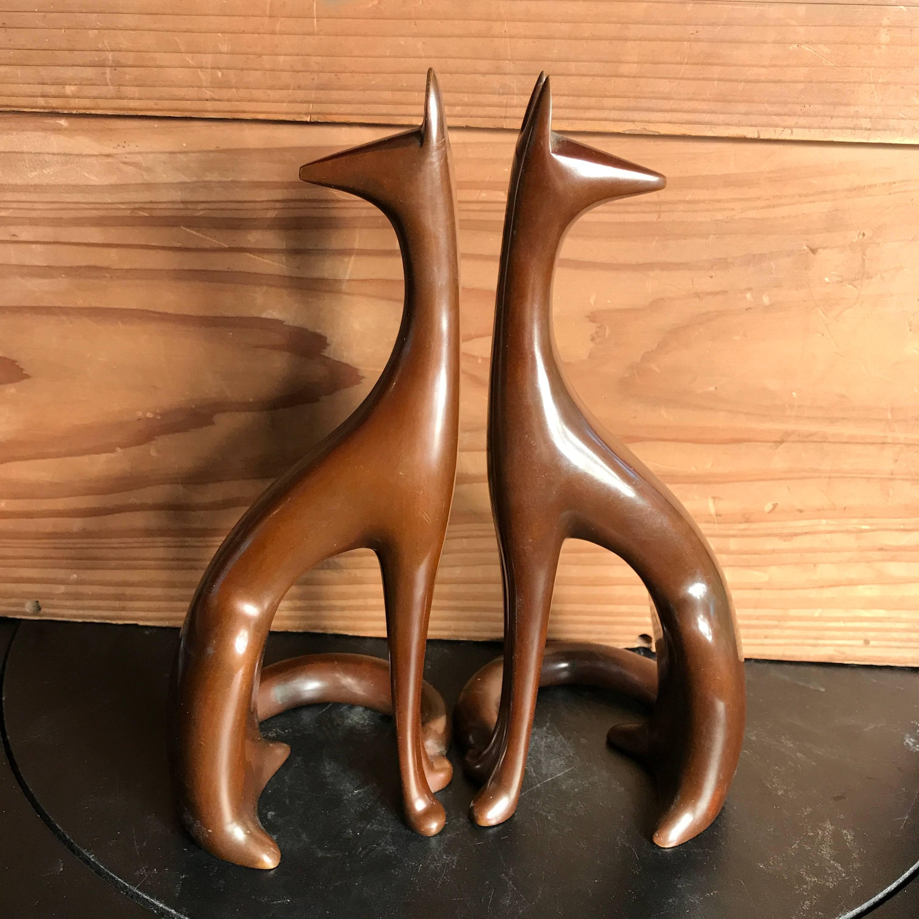 Japanese Japan Pair of Hand Cast Bronze Fox Kitsune Art Deco, Best in Class