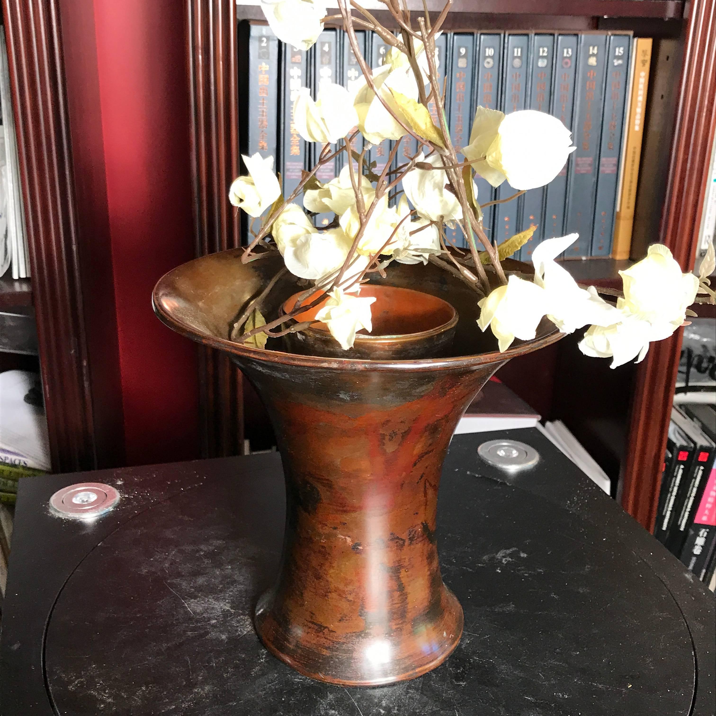 Meiji Japanese Bronze Flower Vase Wonderful Red Splash Finish Signed and Boxed
