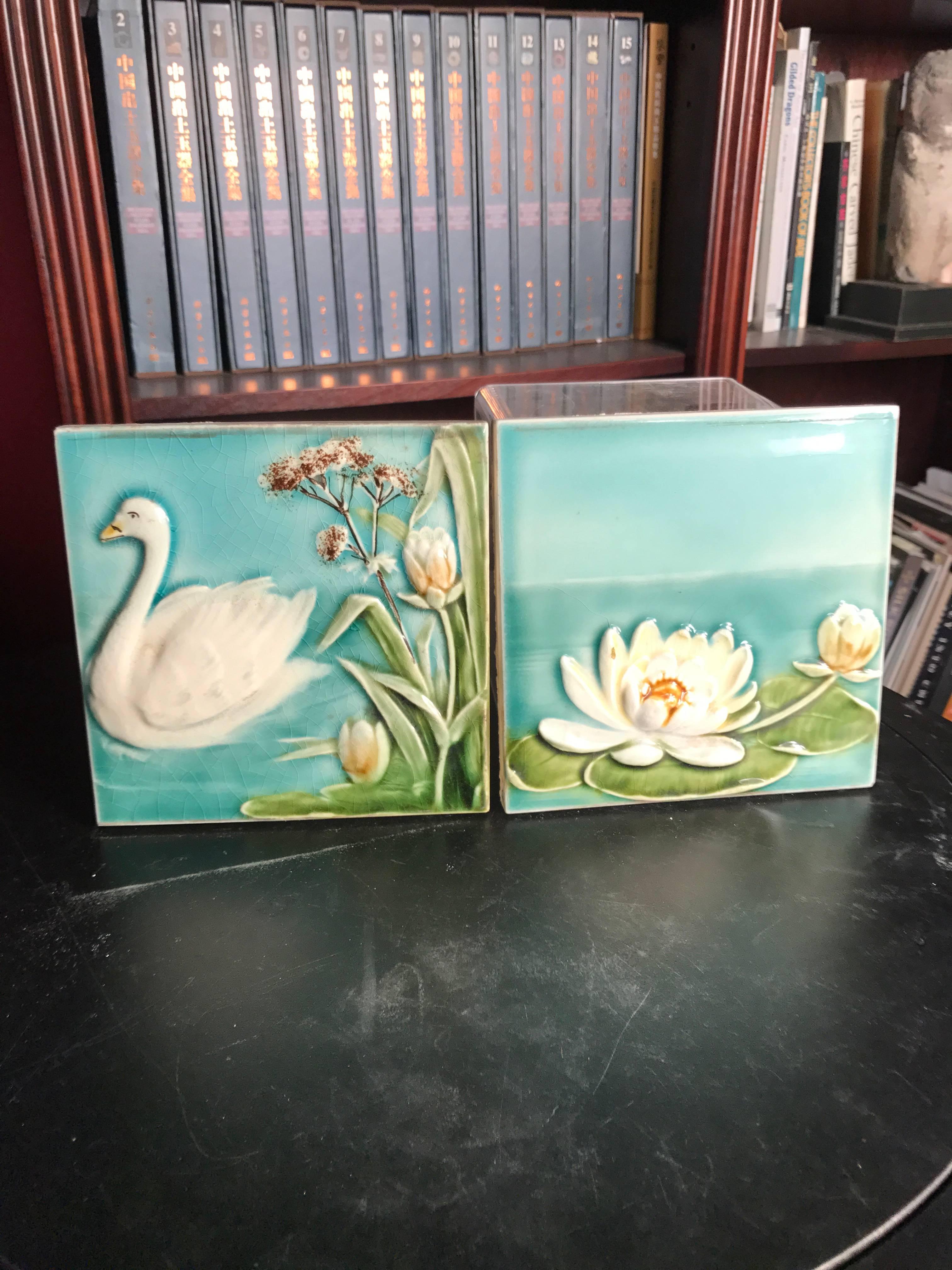 Ceramic Antique Hand-Painted Swan and Lotus Tiles Brilliant Blue Colors