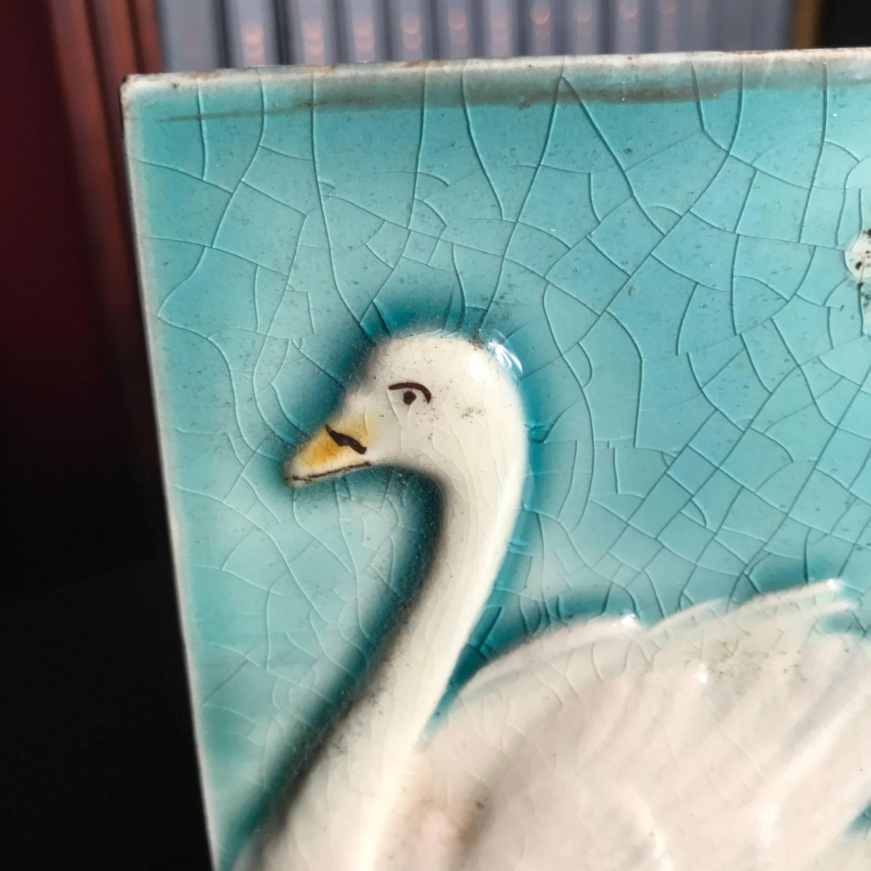 Art Nouveau Antique Hand-Painted Swan and Lotus Tiles Brilliant Blue Colors