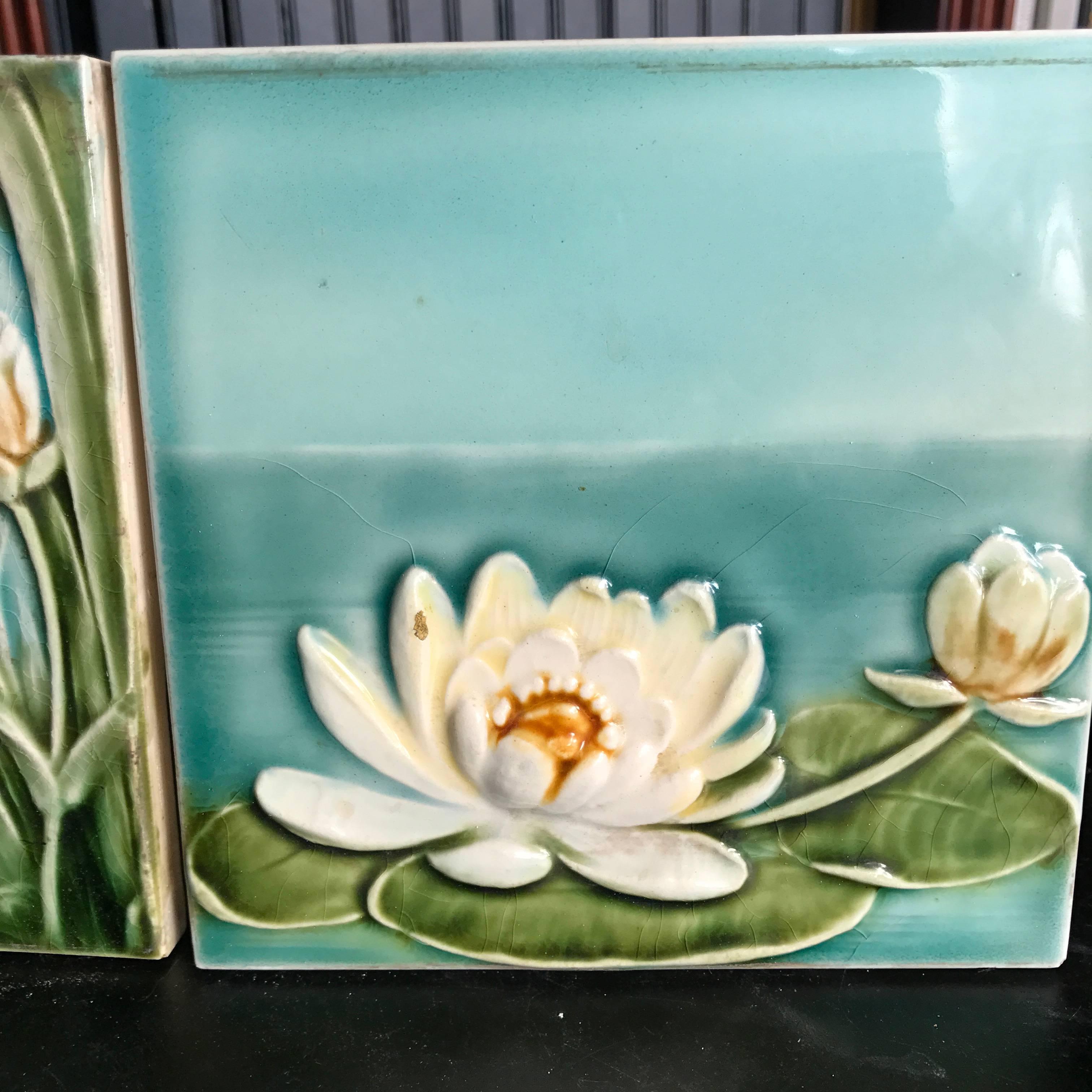 Antique Hand-Painted Swan and Lotus Tiles Brilliant Blue Colors In Good Condition In South Burlington, VT