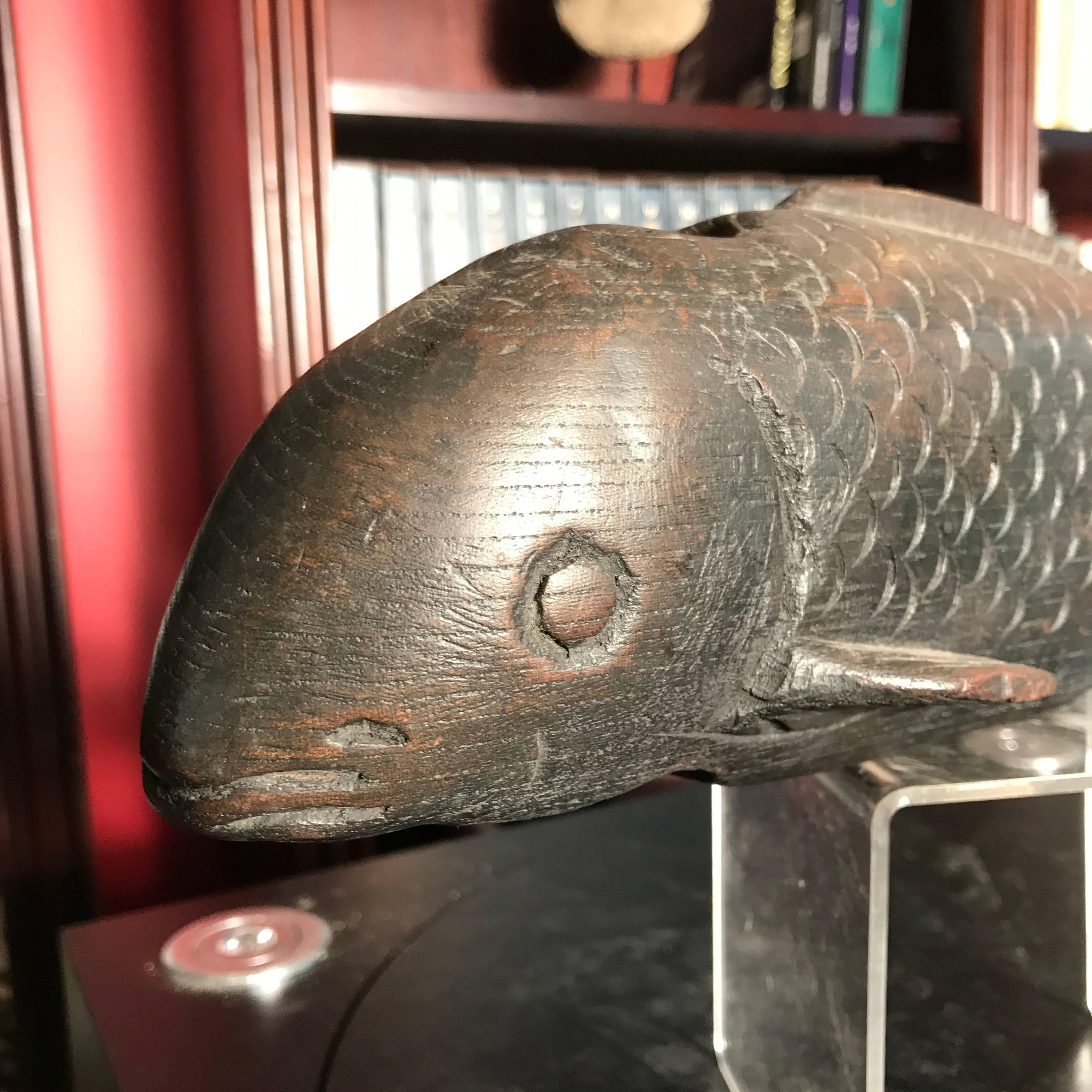 Japanese Hand-Carved Wood Koi Good Fortune Fish Sculpture Signed, 19th Century In Good Condition In South Burlington, VT