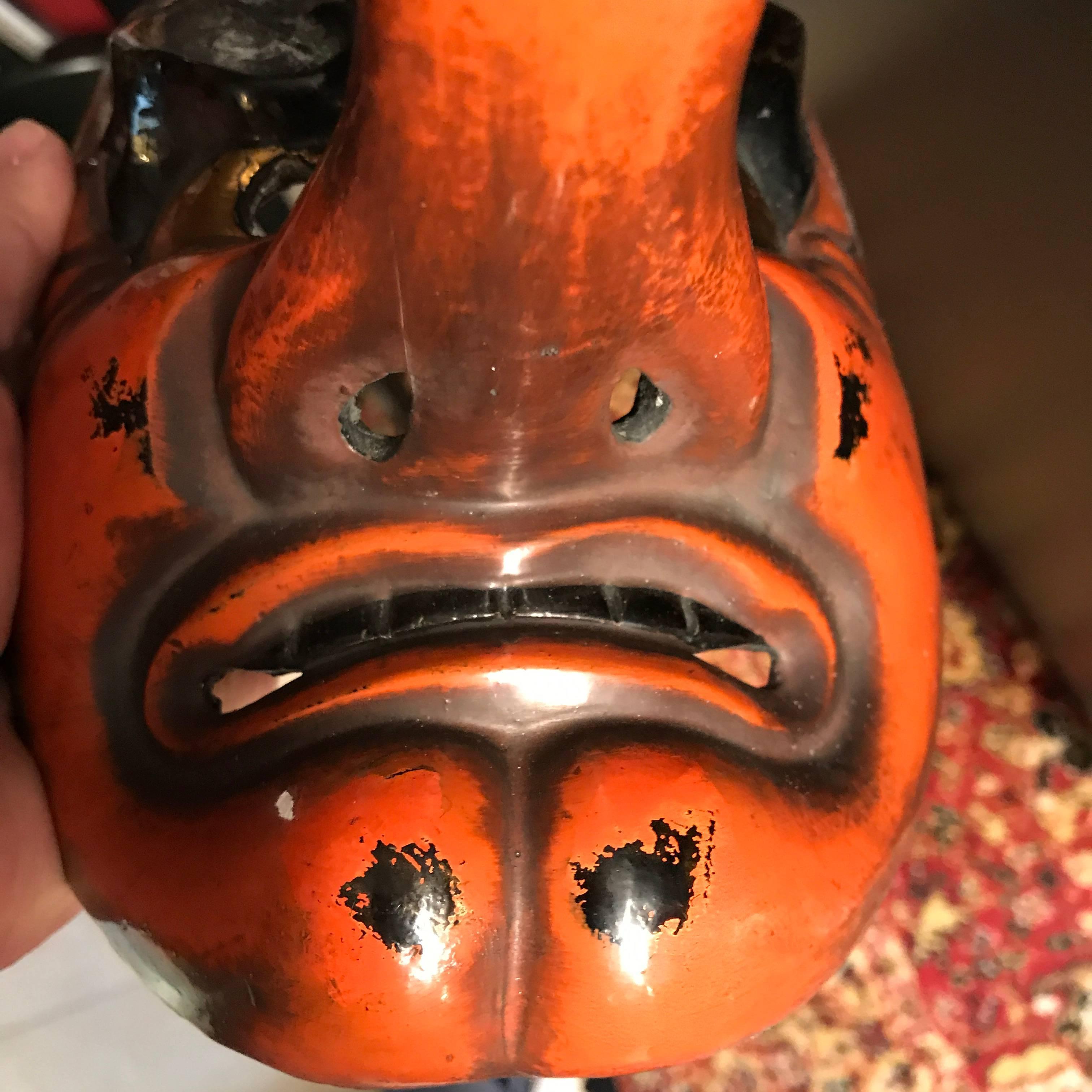 Hand-Carved Powerful Japanese Antique Forest God Mask Tengu Dramatic Nose