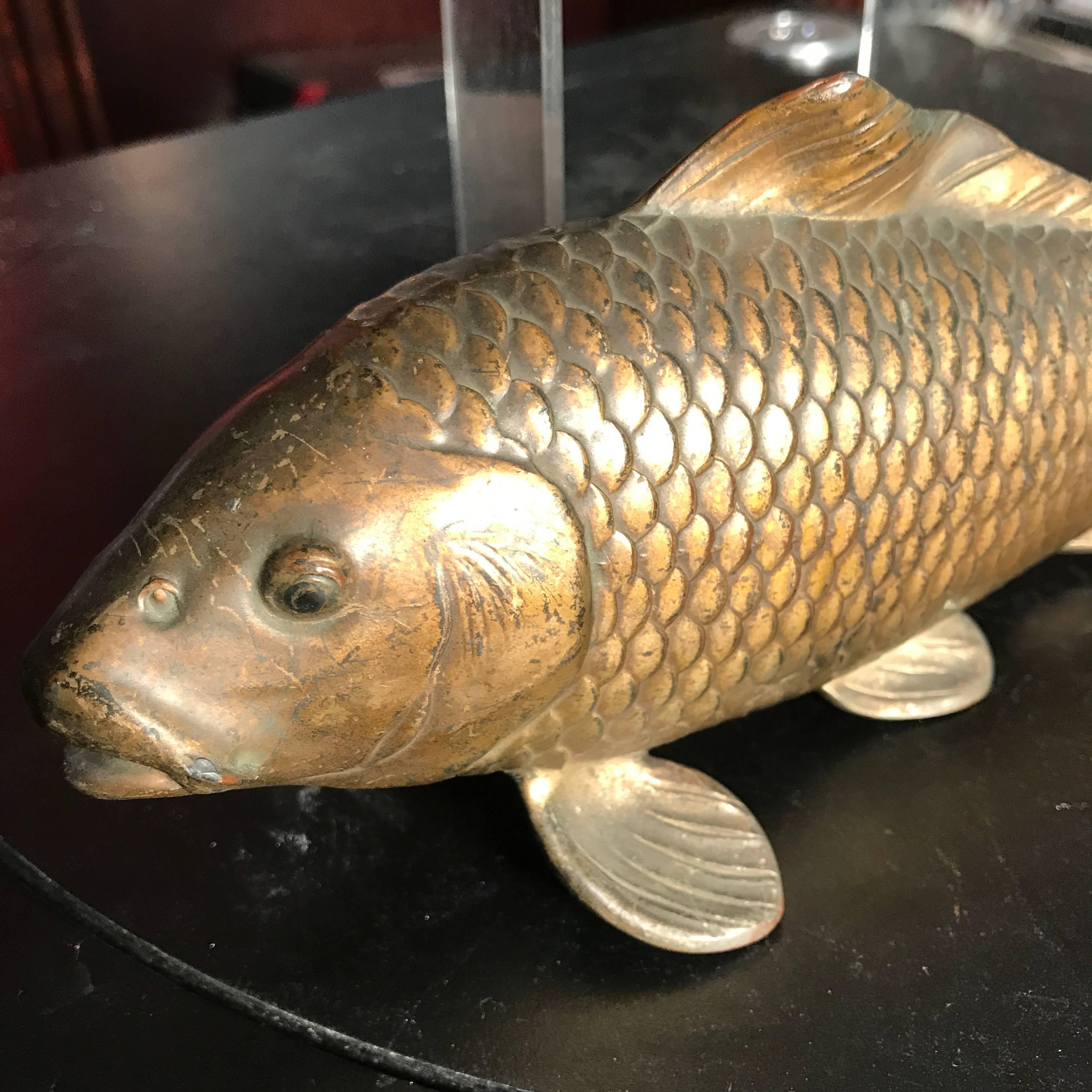 20th Century Japanese Antique Cast Bronze Pair of Koi Fish Great Catch