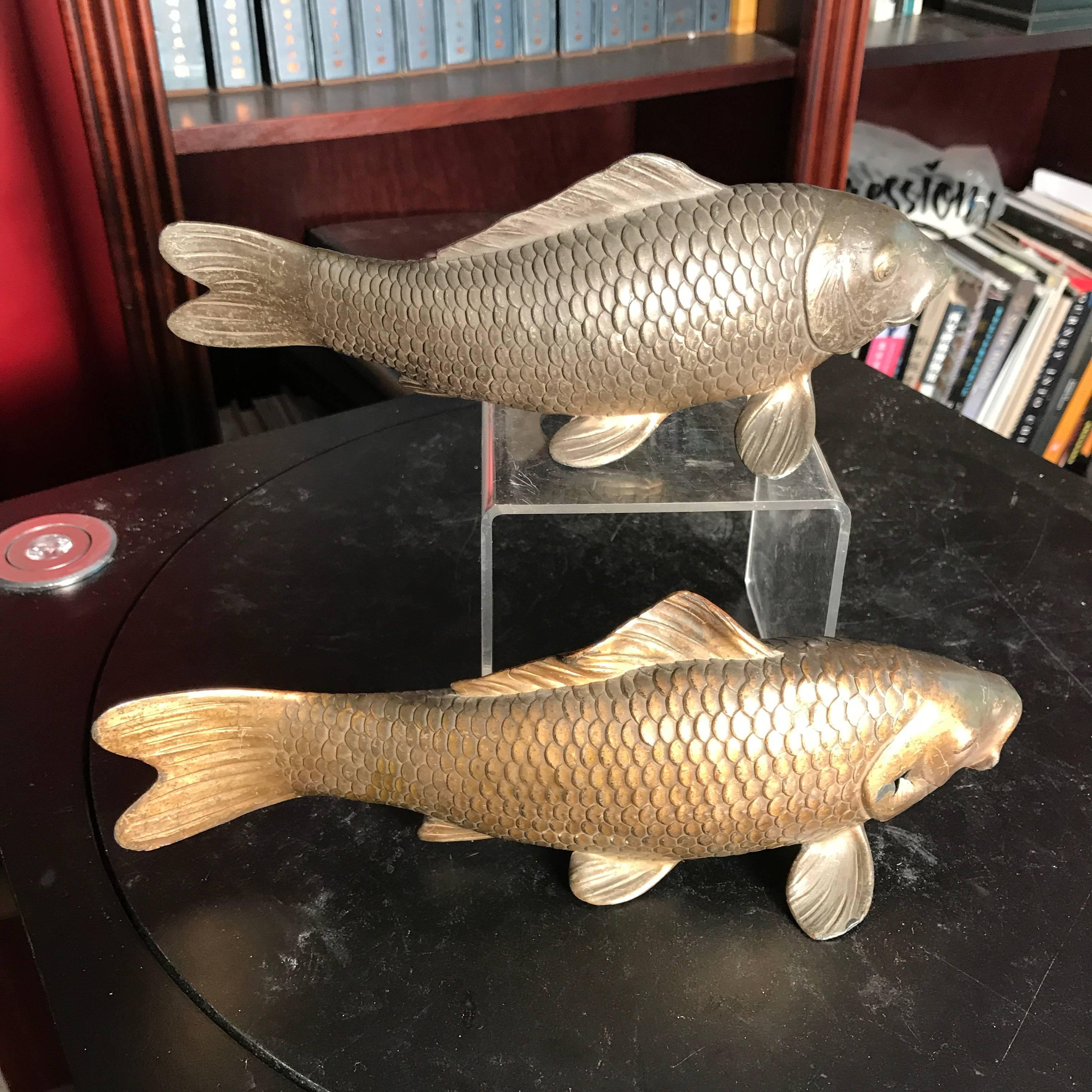 Japanese Antique Cast Bronze Pair of Koi Fish Great Catch 1