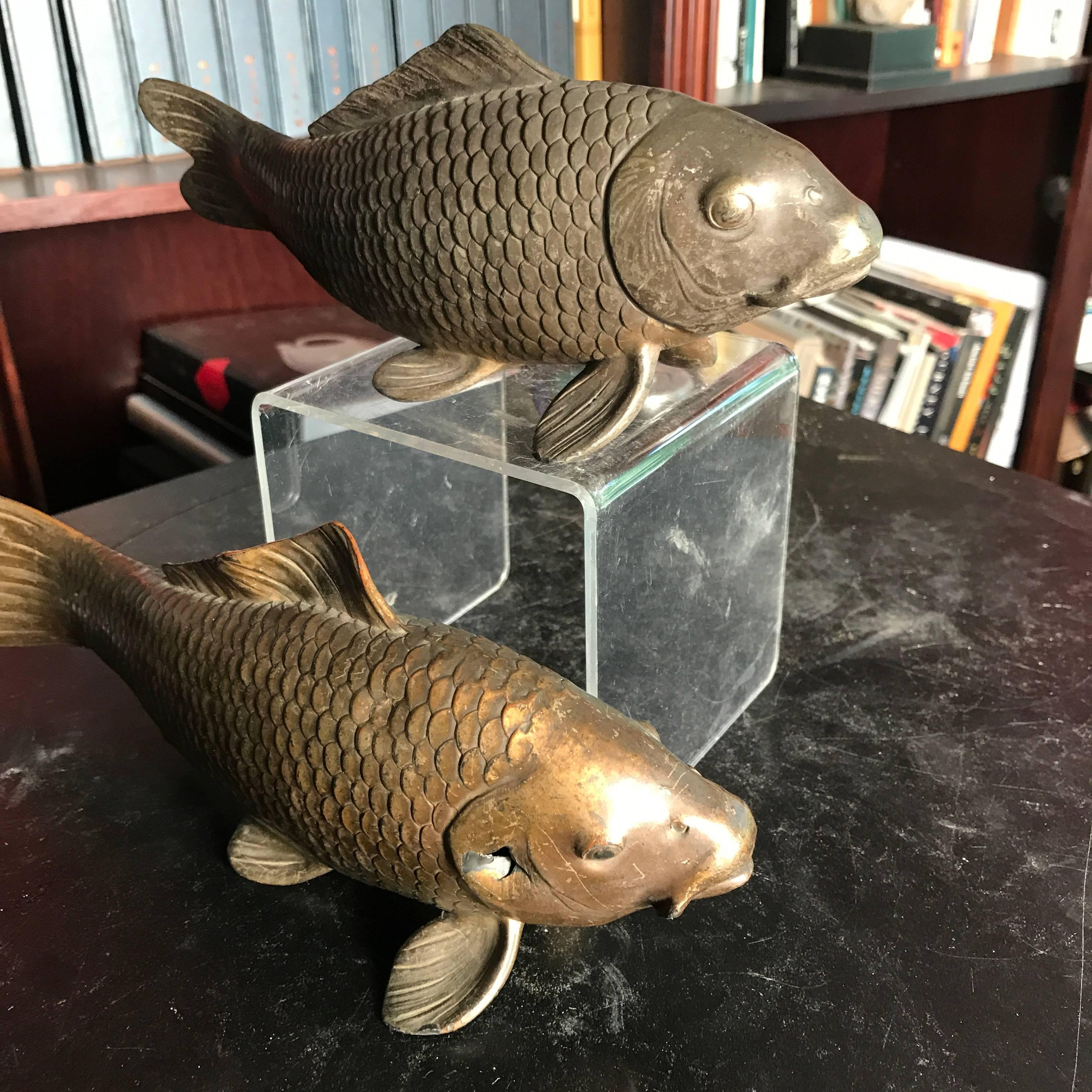 Japanese Antique Cast Bronze Pair of Koi Fish Great Catch 2