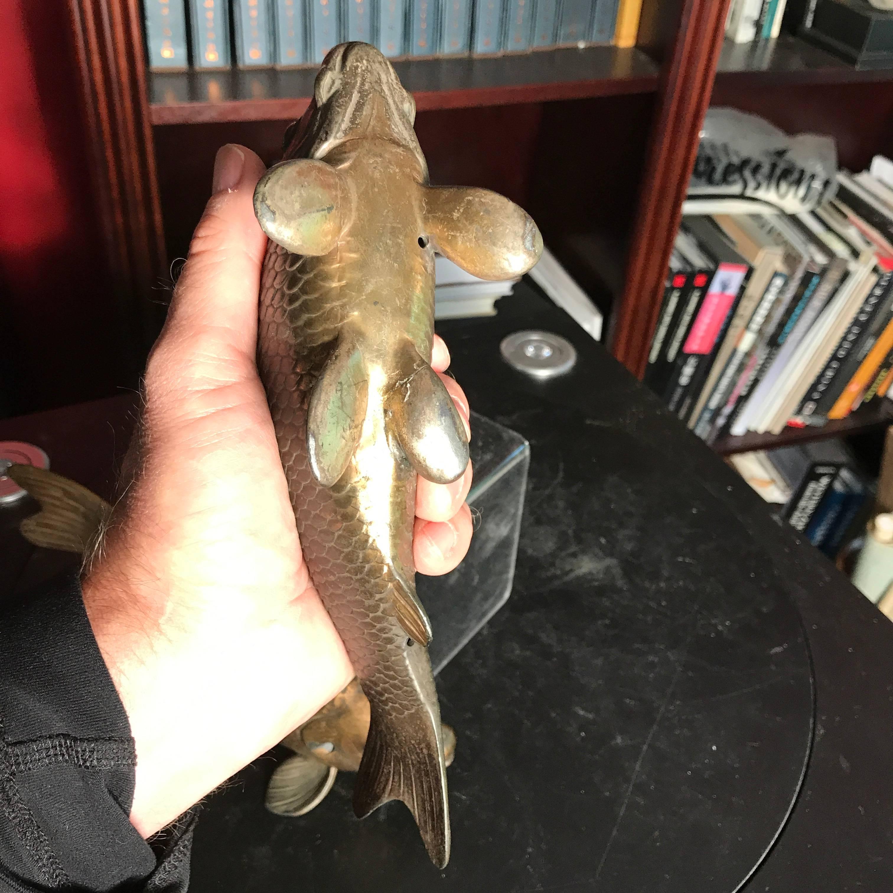 Japanese Antique Cast Bronze Pair of Koi Fish Great Catch 4