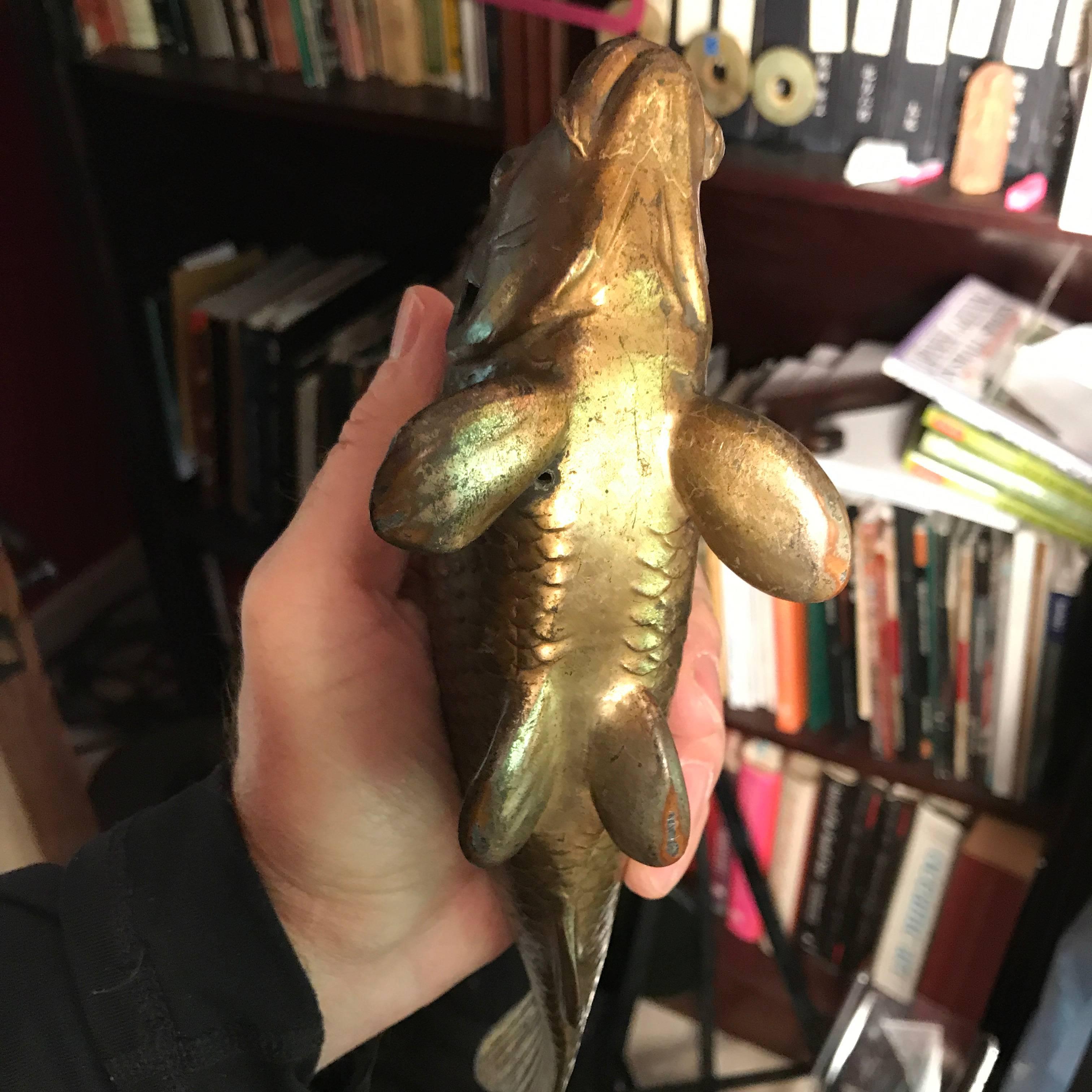Japanese Antique Cast Bronze Pair of Koi Fish Great Catch 3