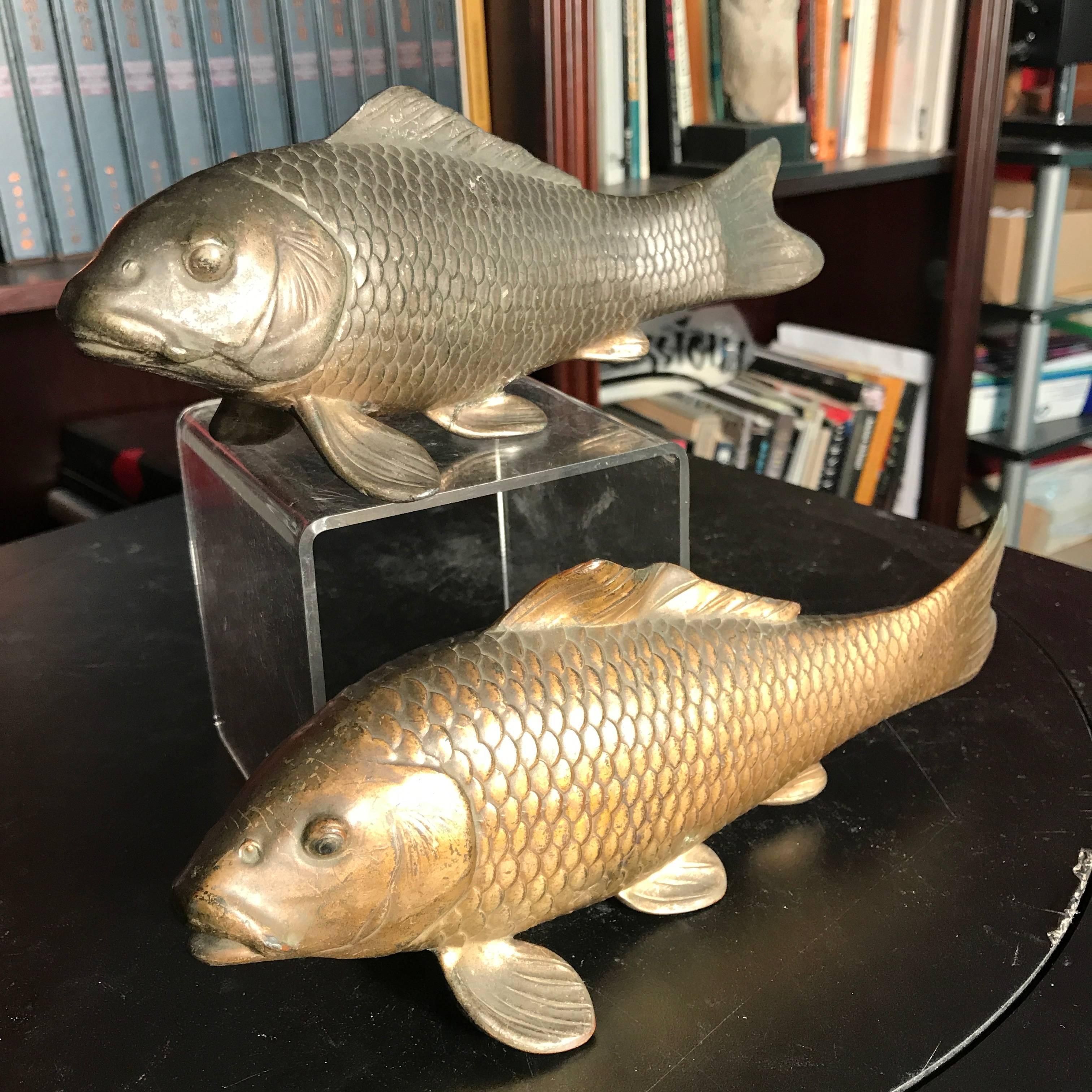 Taisho Japanese Antique Cast Bronze Pair of Koi Fish Great Catch