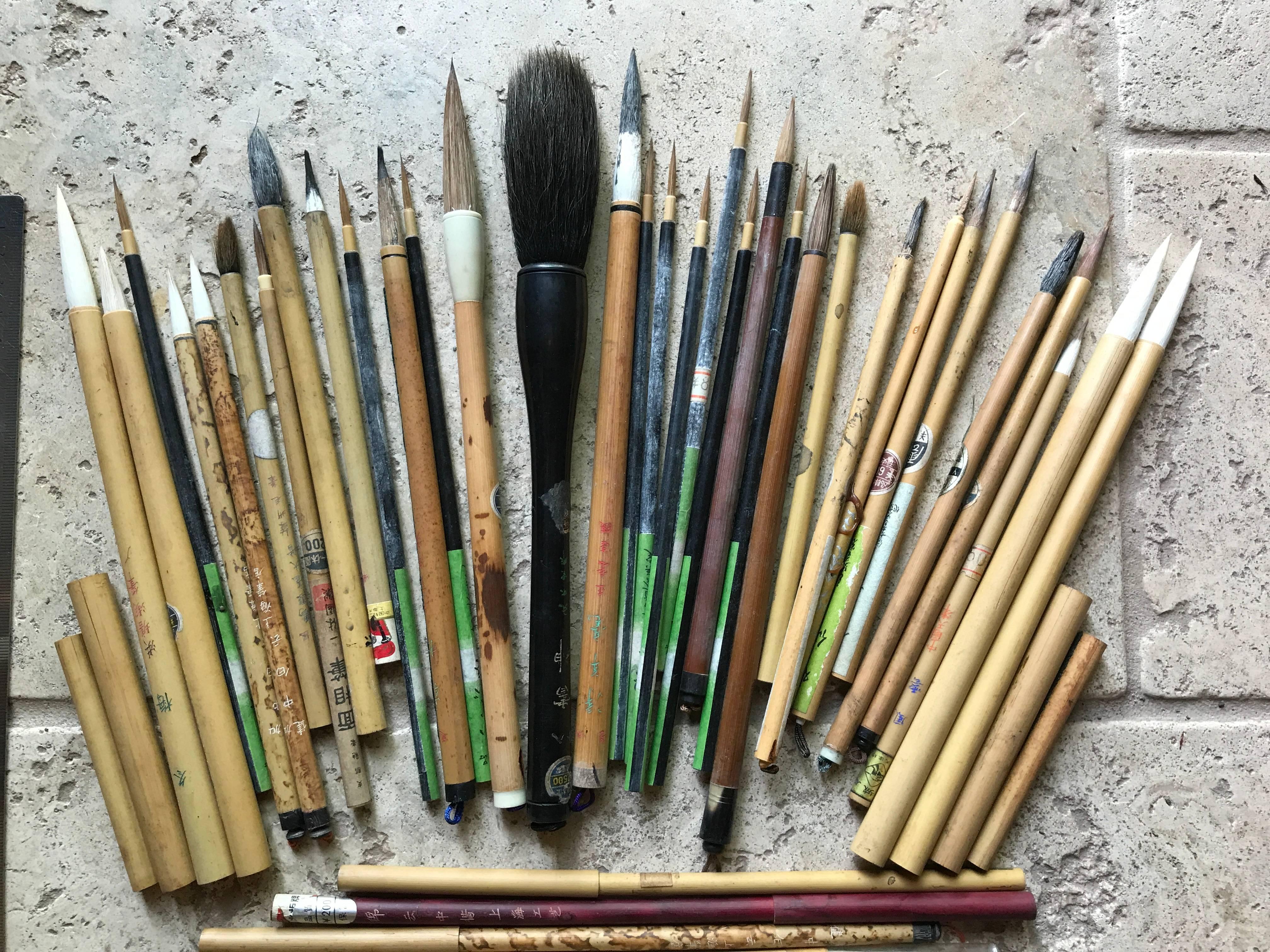 Japanese Found! Antique Artisan's Cache of 43 Old Paint and Calligraphy Bamboo Brushes