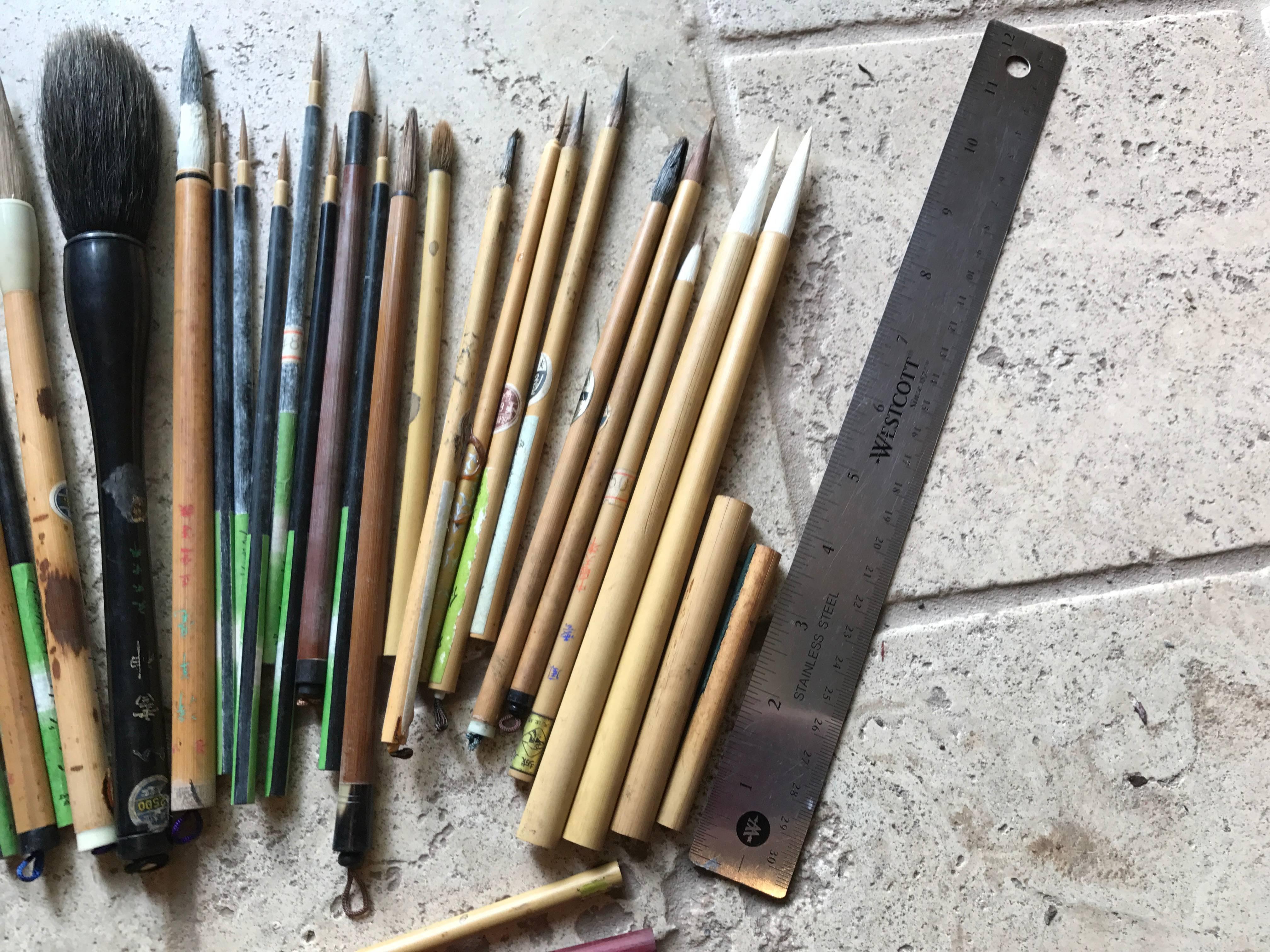 20th Century Found! Antique Artisan's Cache of 43 Old Paint and Calligraphy Bamboo Brushes