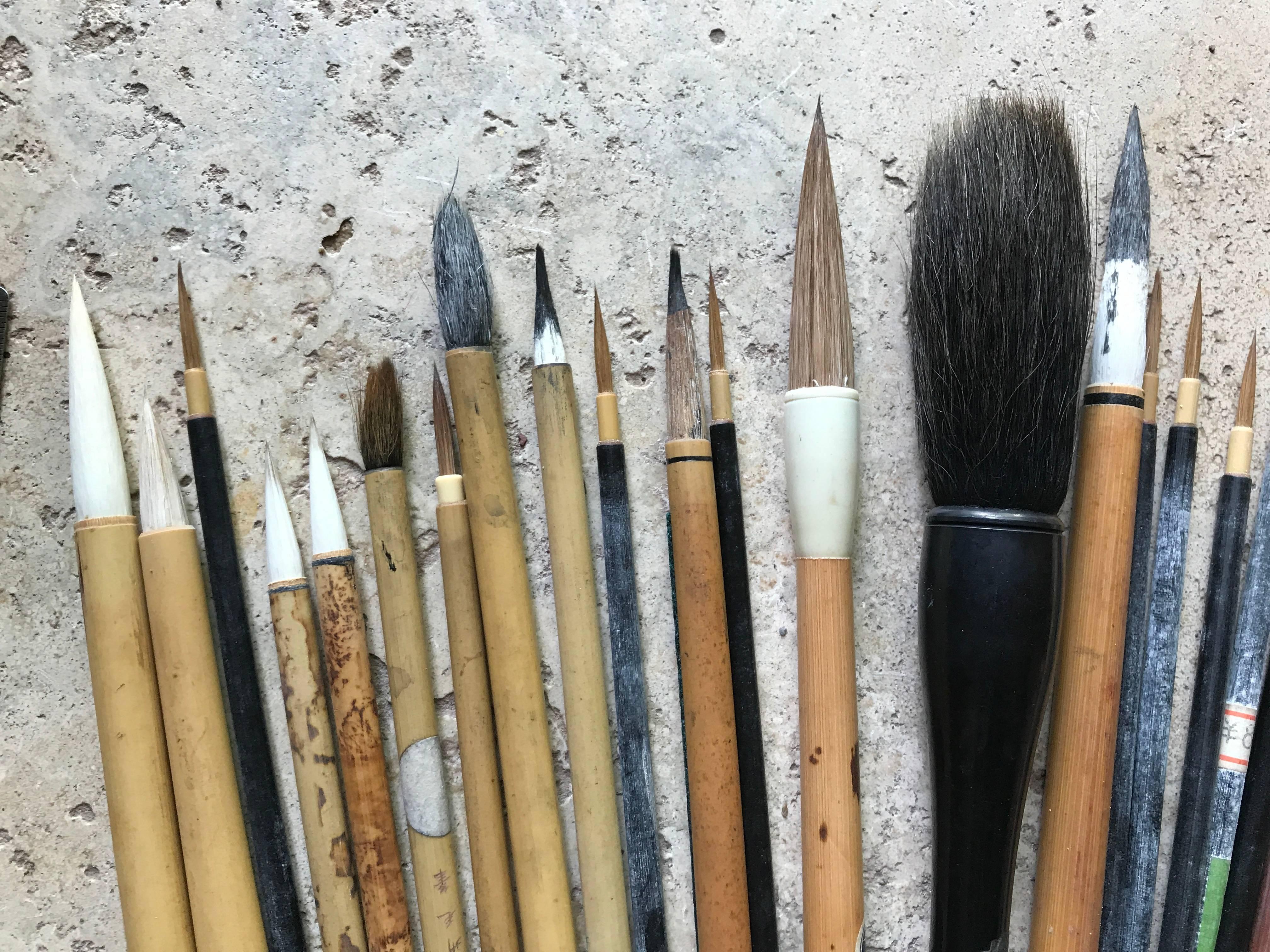 Hand-Crafted Found! Antique Artisan's Cache of 43 Old Paint and Calligraphy Bamboo Brushes