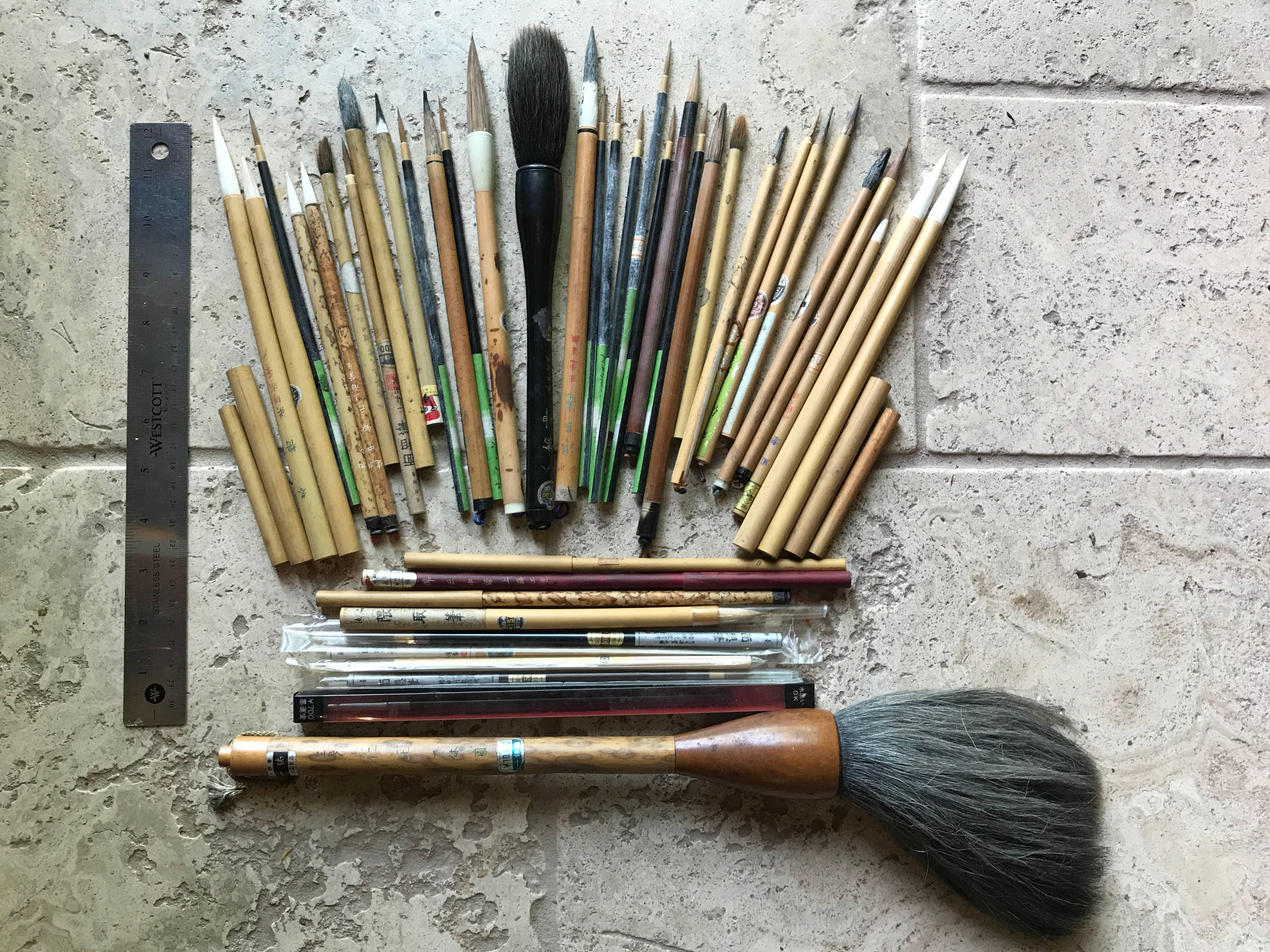Mid-Century Modern Found! Antique Artisan's Cache of 43 Old Paint and Calligraphy Bamboo Brushes