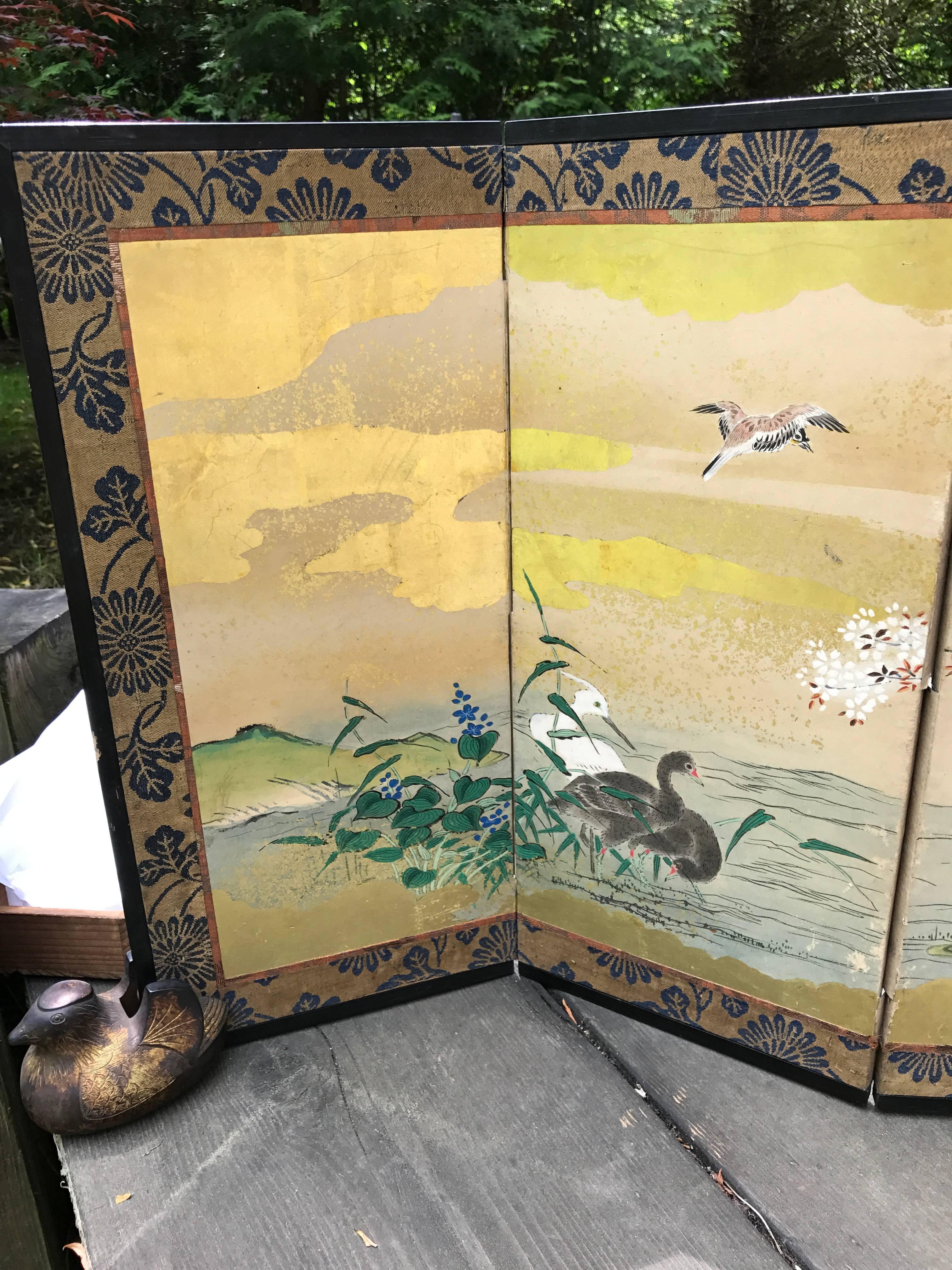 Lacquered Japanese Antique Gold Mandarin Ducks, Cherry Tree, Mountains Hand-Painted Screen