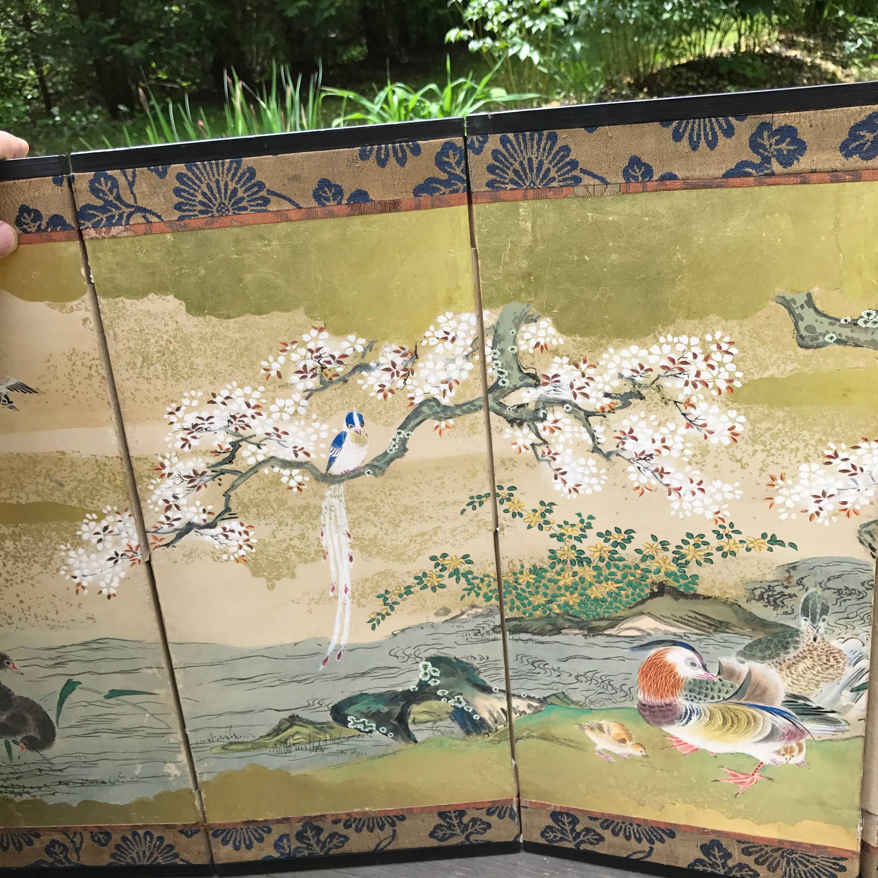 Japanese Antique Gold Mandarin Ducks, Cherry Tree, Mountains Hand-Painted Screen In Good Condition In South Burlington, VT