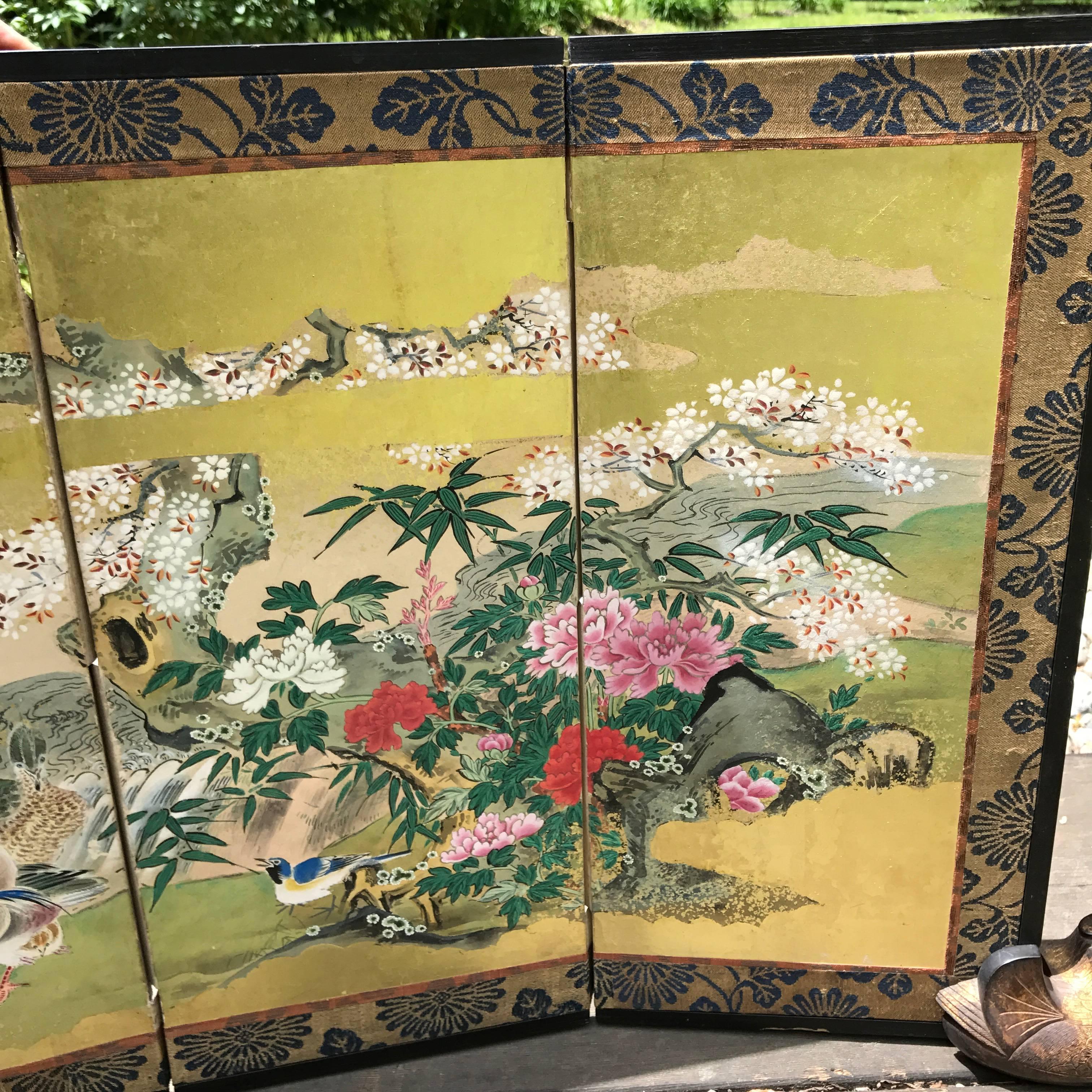 19th Century Japanese Antique Gold Mandarin Ducks, Cherry Tree, Mountains Hand-Painted Screen