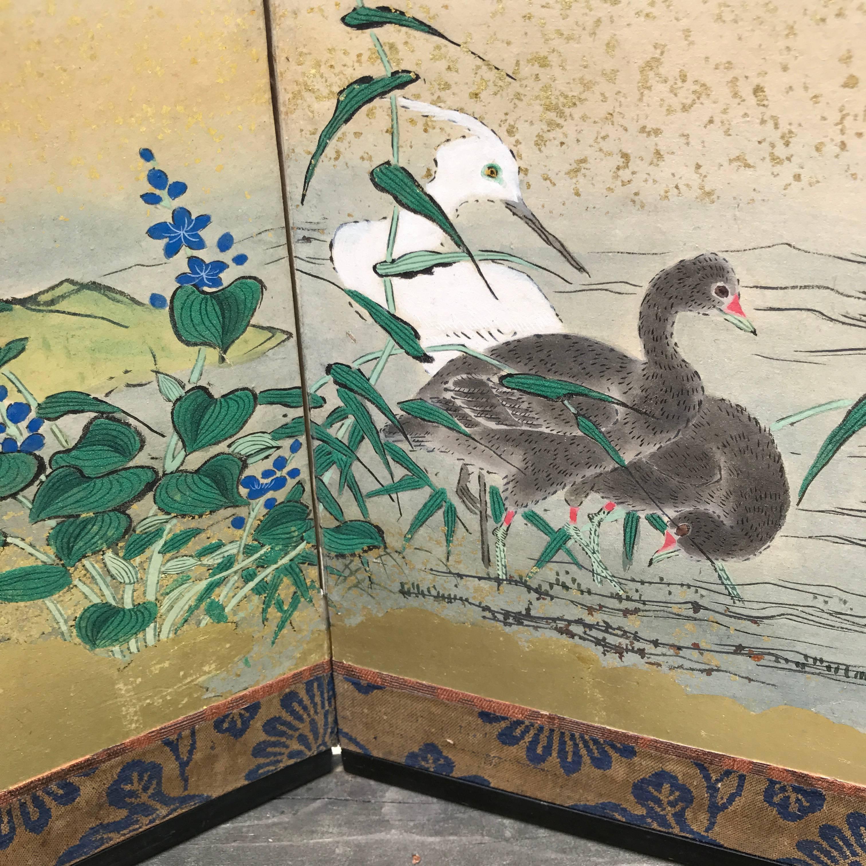 Wood Japanese Antique Gold Mandarin Ducks, Cherry Tree, Mountains Hand-Painted Screen