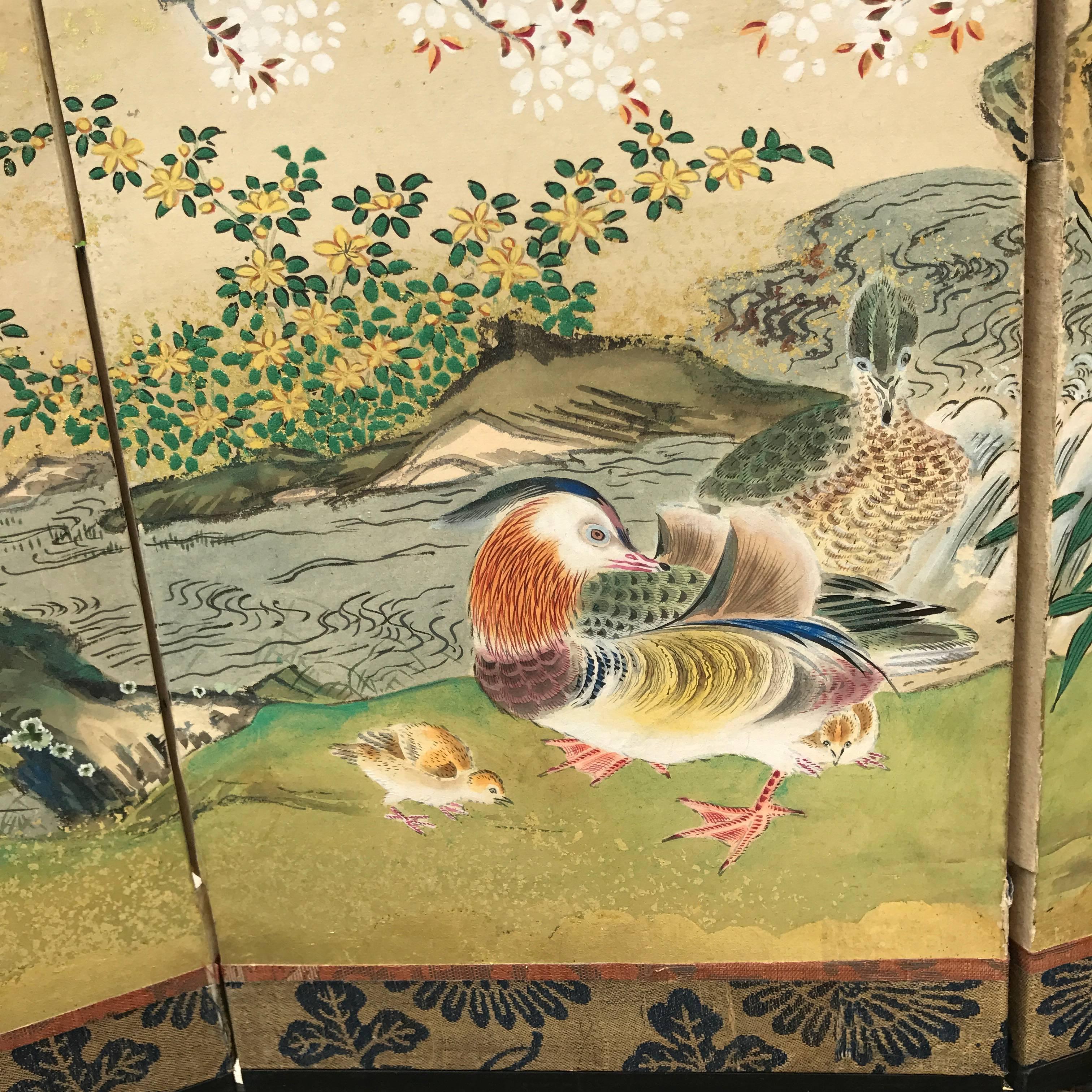 Japanese Antique Gold Mandarin Ducks, Cherry Tree, Mountains Hand-Painted Screen 1
