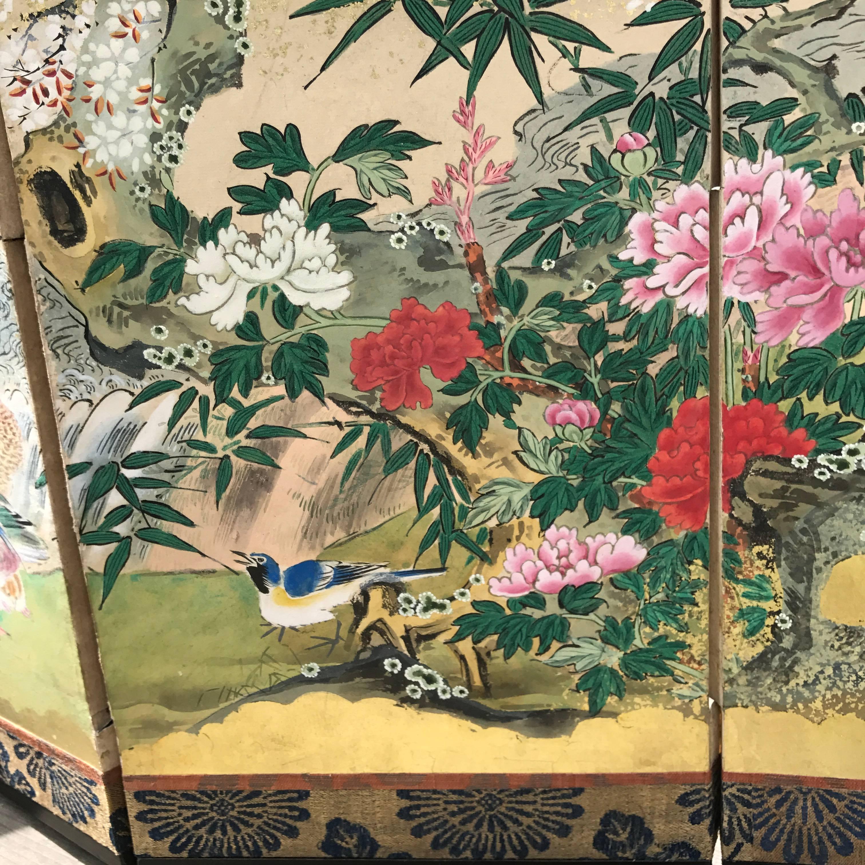 Japanese Antique Gold Mandarin Ducks, Cherry Tree, Mountains Hand-Painted Screen 2