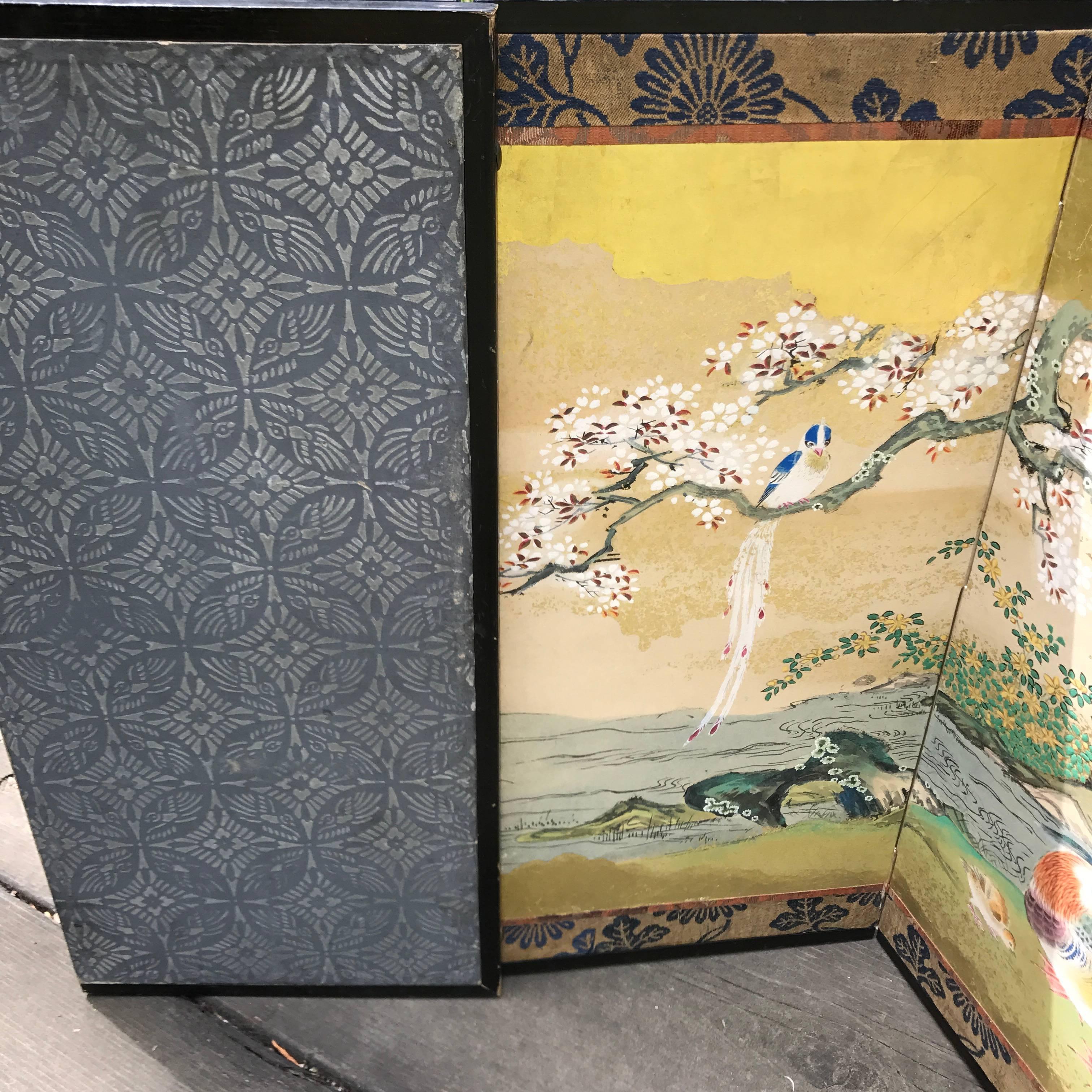 Japanese Antique Gold Mandarin Ducks, Cherry Tree, Mountains Hand-Painted Screen 3