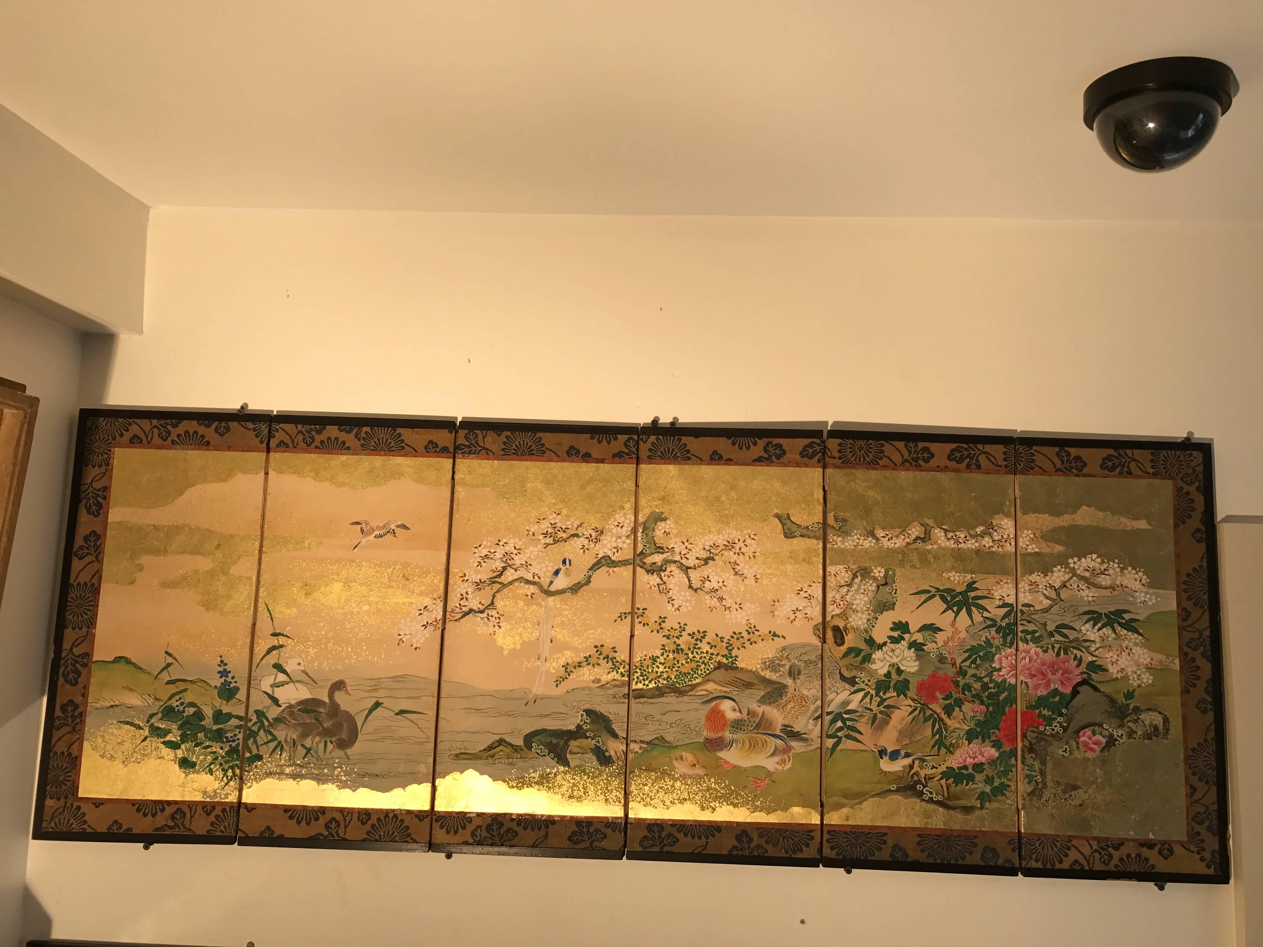 Meiji Japanese Antique Gold Mandarin Ducks, Cherry Tree, Mountains Hand-Painted Screen