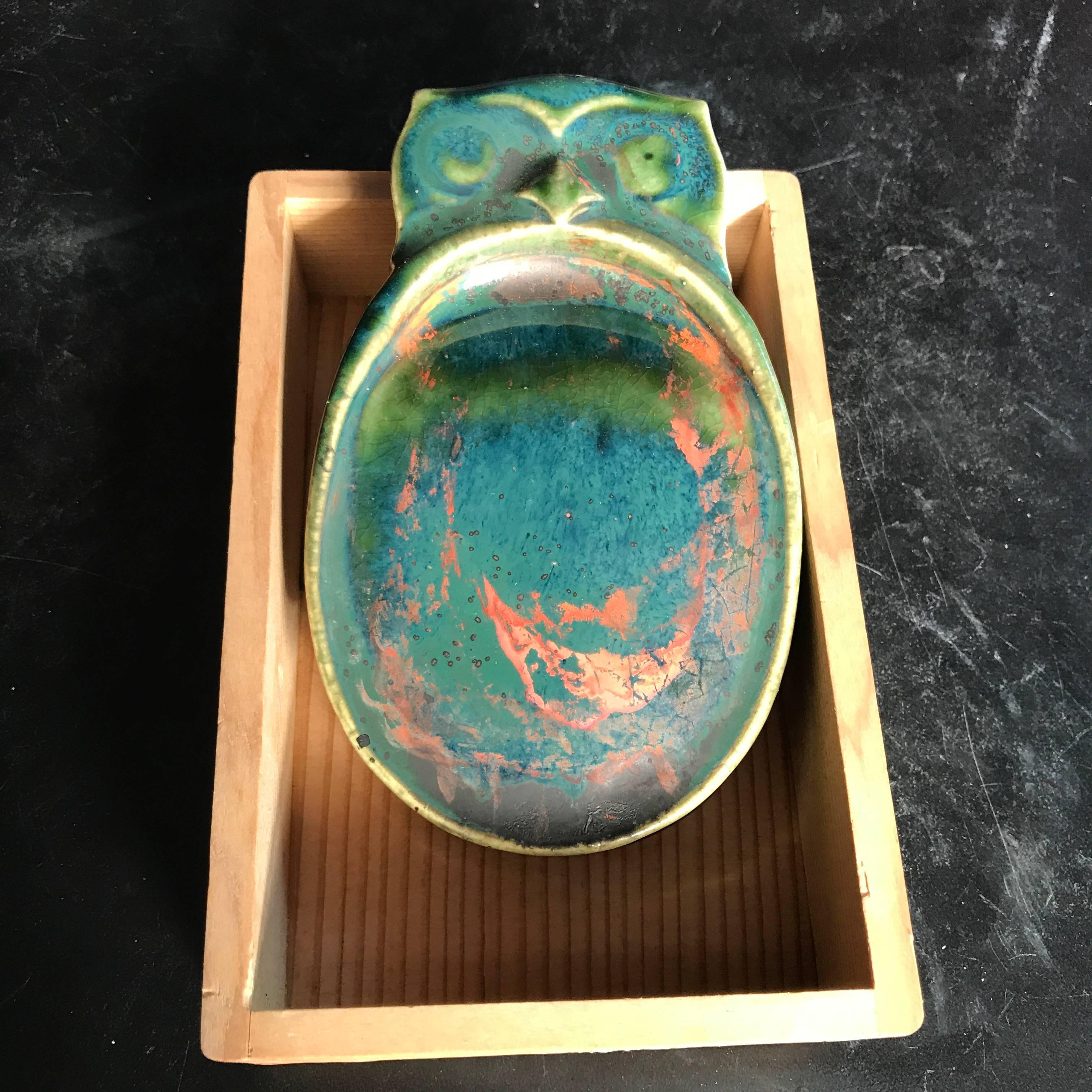 Showa Owl Blue Glazed Ceramic Ink Stone from Old Japan
