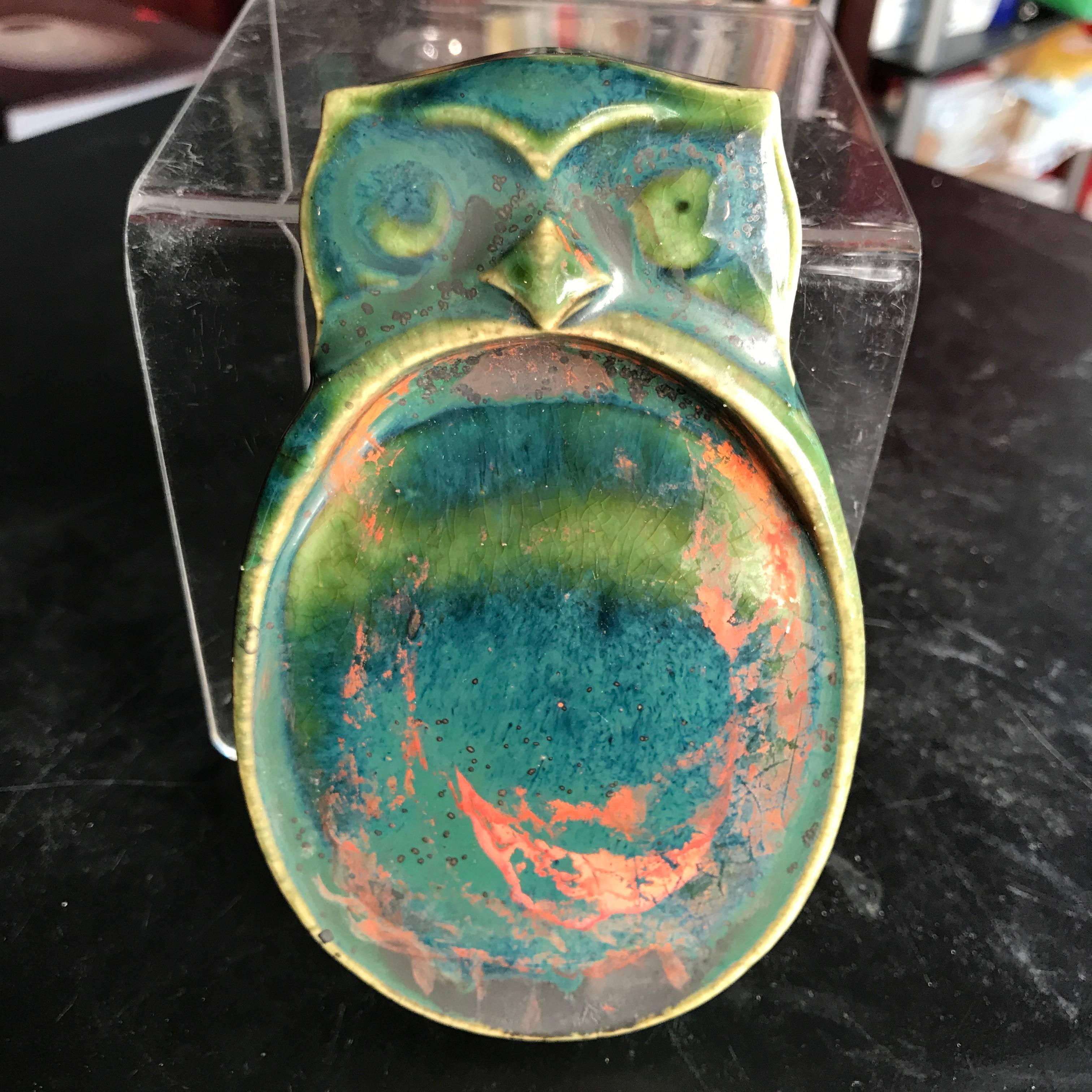 Owl Blue Glazed Ceramic Ink Stone from Old Japan 4