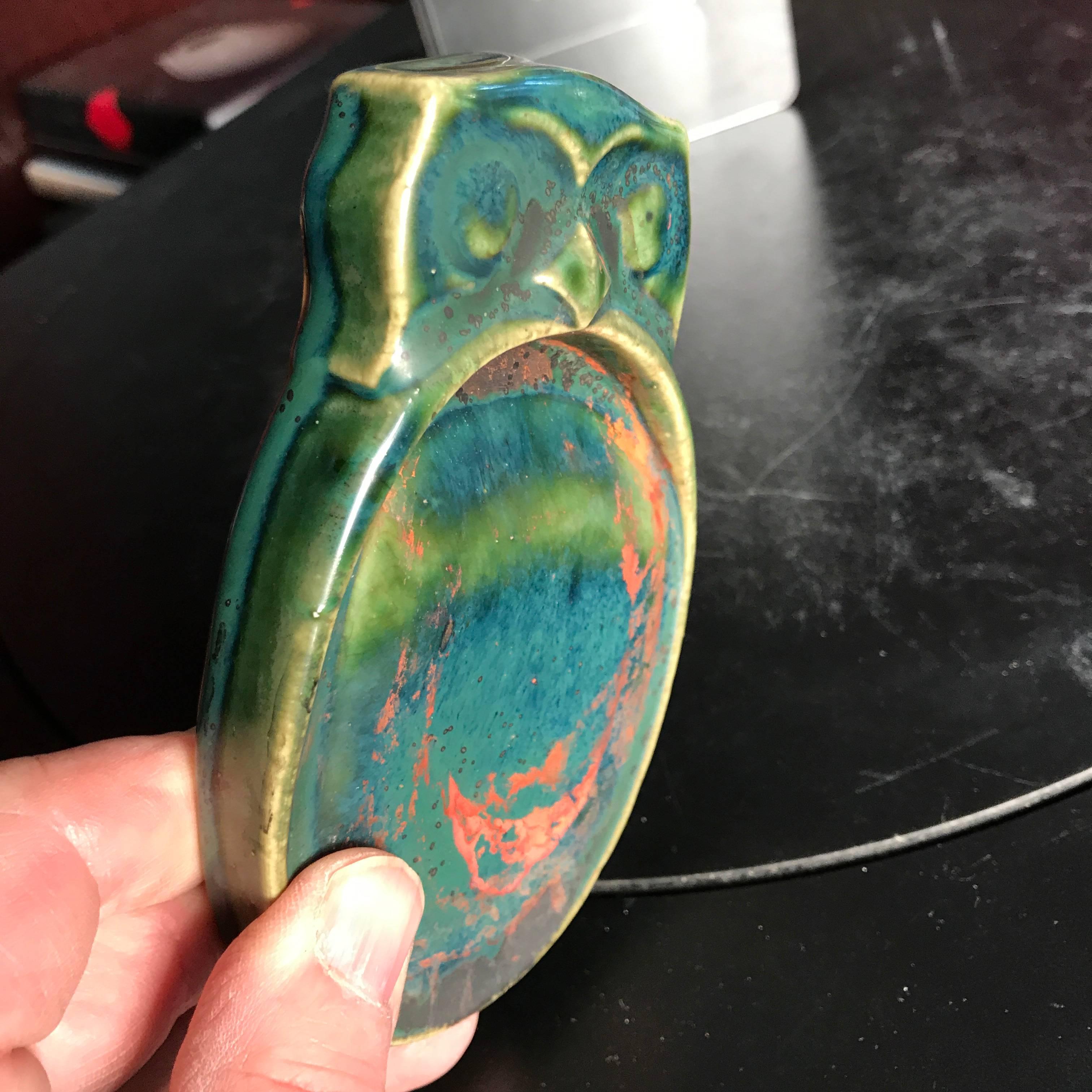 Owl Blue Glazed Ceramic Ink Stone from Old Japan 2