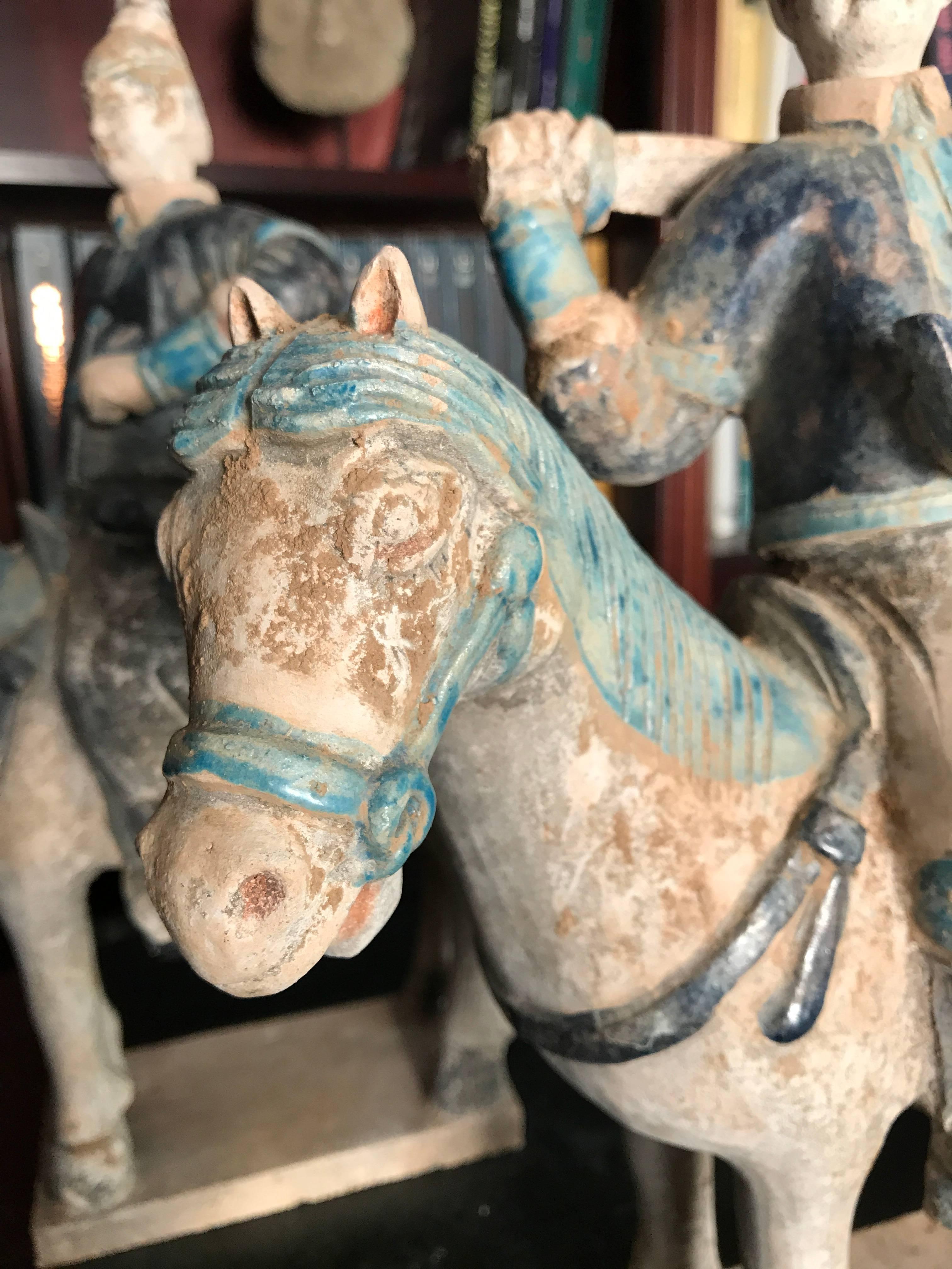 Pair of Ancient China Ming Horse Riders Male & Female Ming Dynasty, 1368-1644 In Good Condition In South Burlington, VT