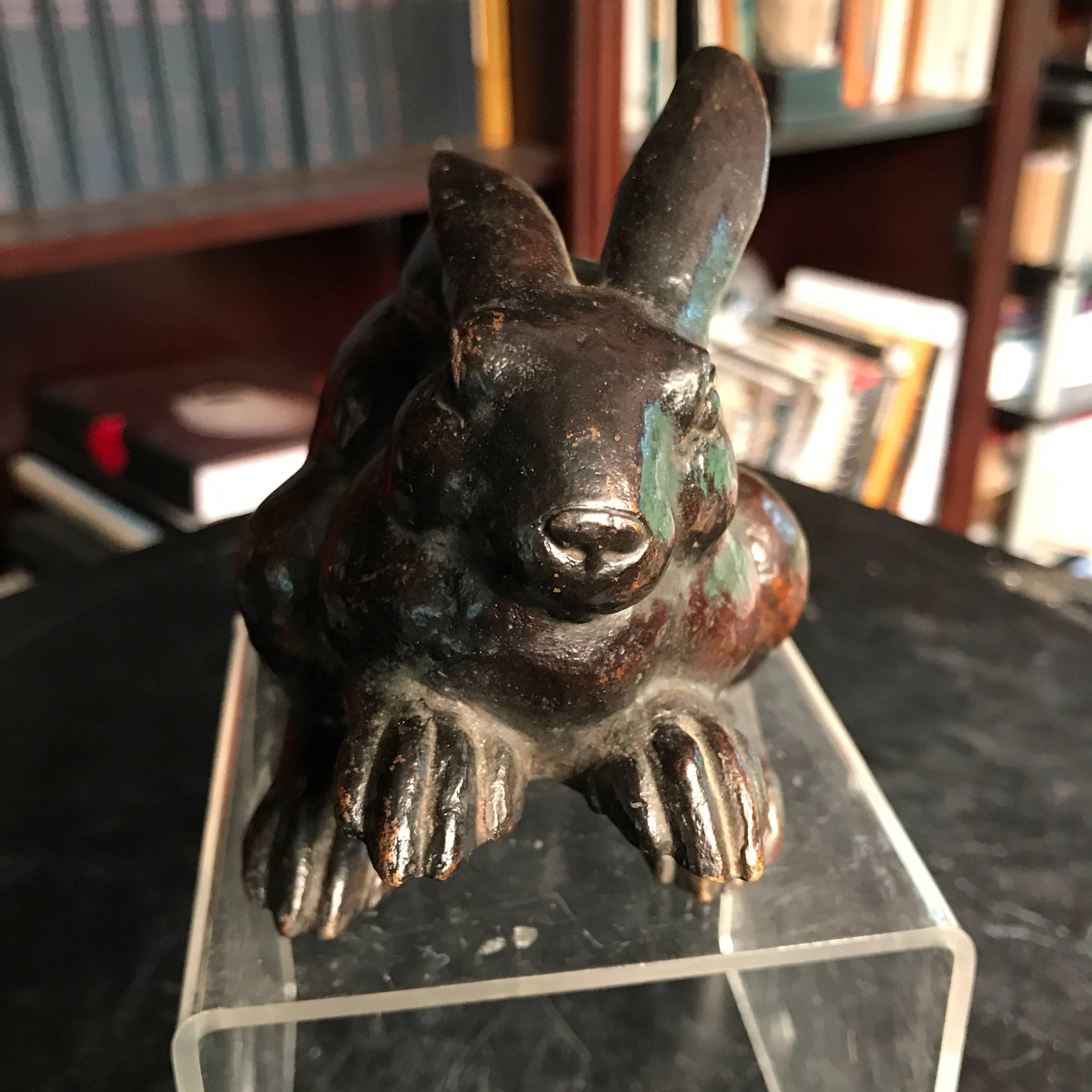 Cast Japanese Antique Bronze Rabbit, Signed