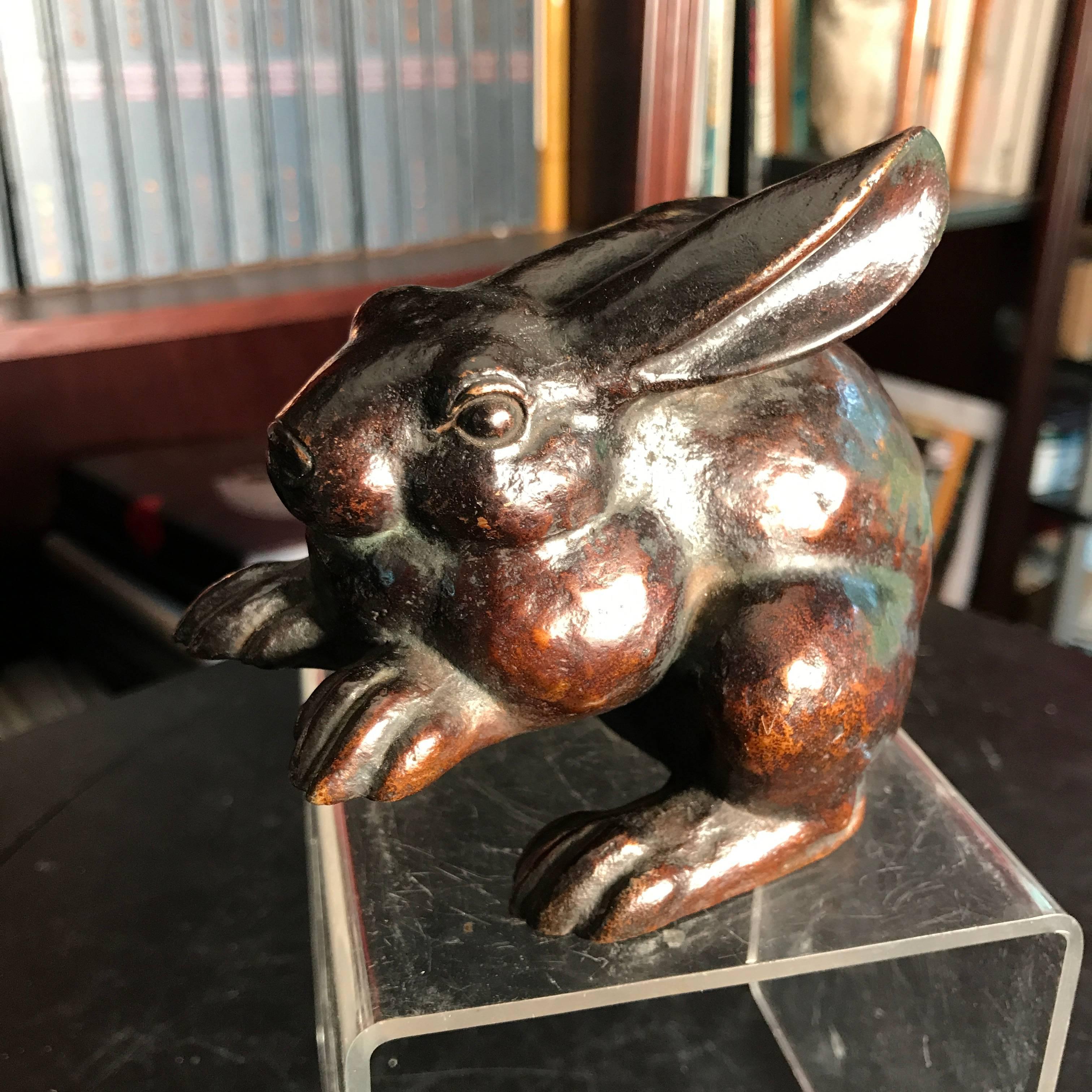 Japanese Antique Bronze Rabbit, Signed In Good Condition In South Burlington, VT