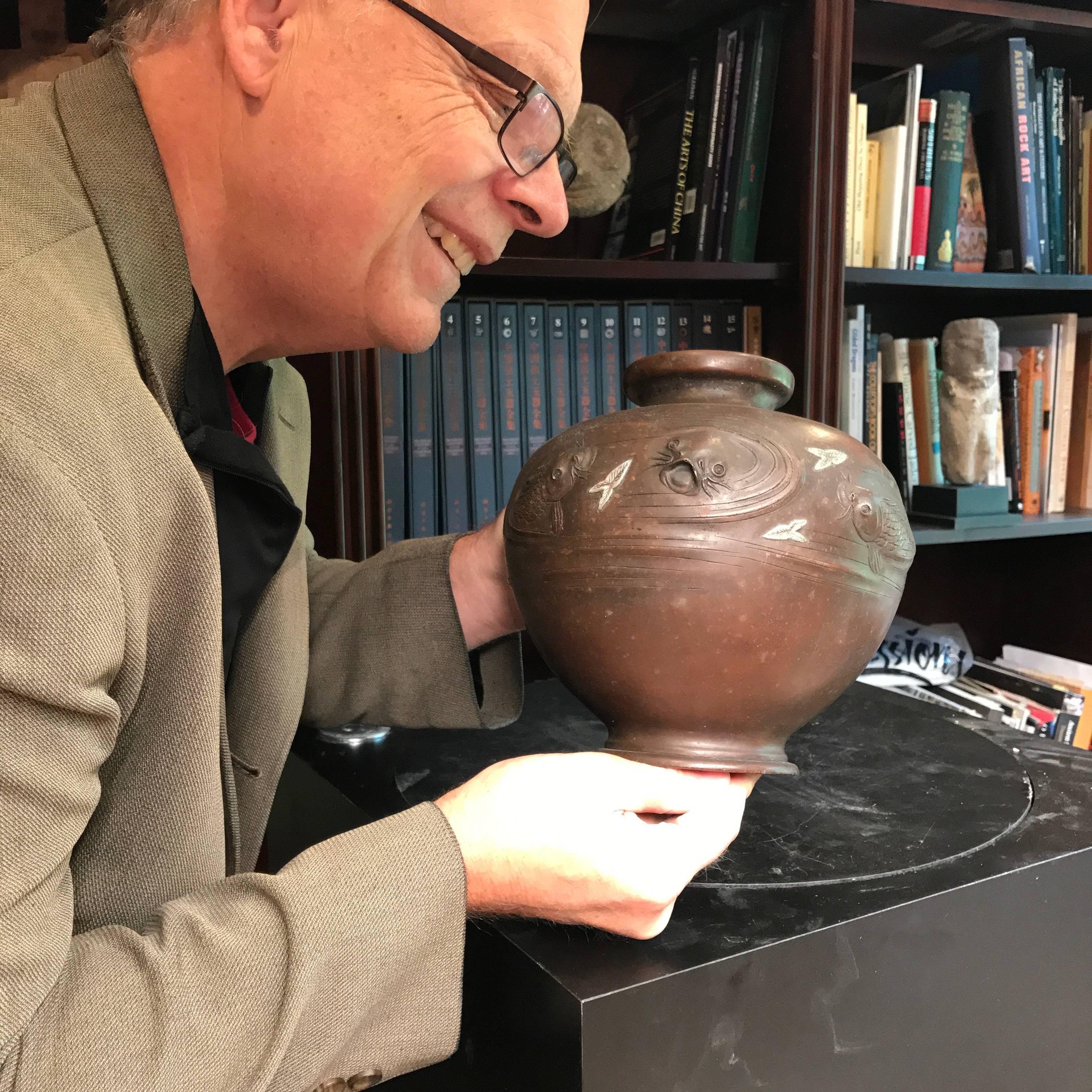 A fine early, signed and silver inlaid Japanese hand cast bronze Triple Koi fish vase- symbolic of prosperity, perseverance and good fortune. Fine condition and beautifully cast in deep relief. . Today these older works of art serve as wonderful