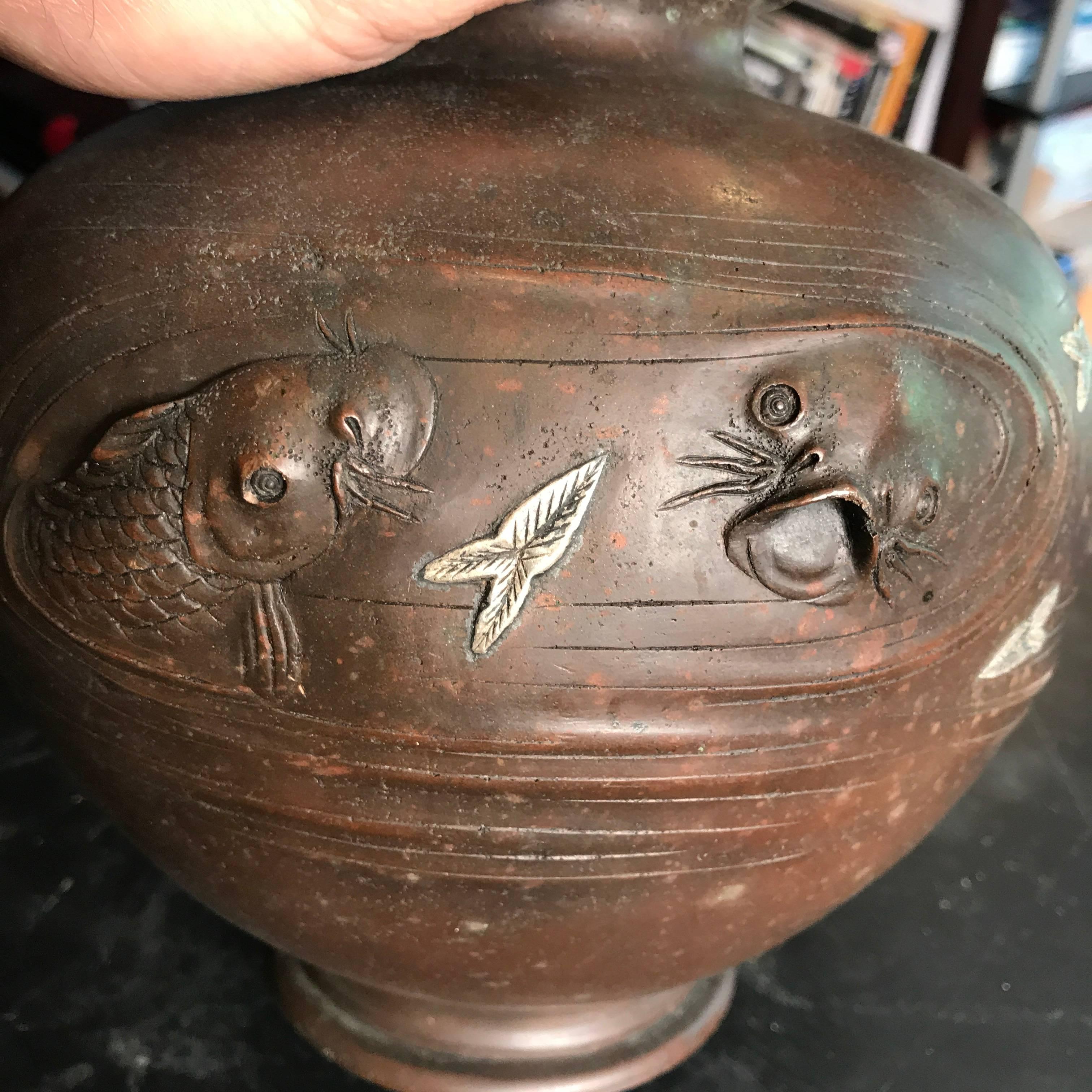 Japan Antique Triple Koi Fish Inlaid Deep Relief Bronze Vase, 19th Century 1