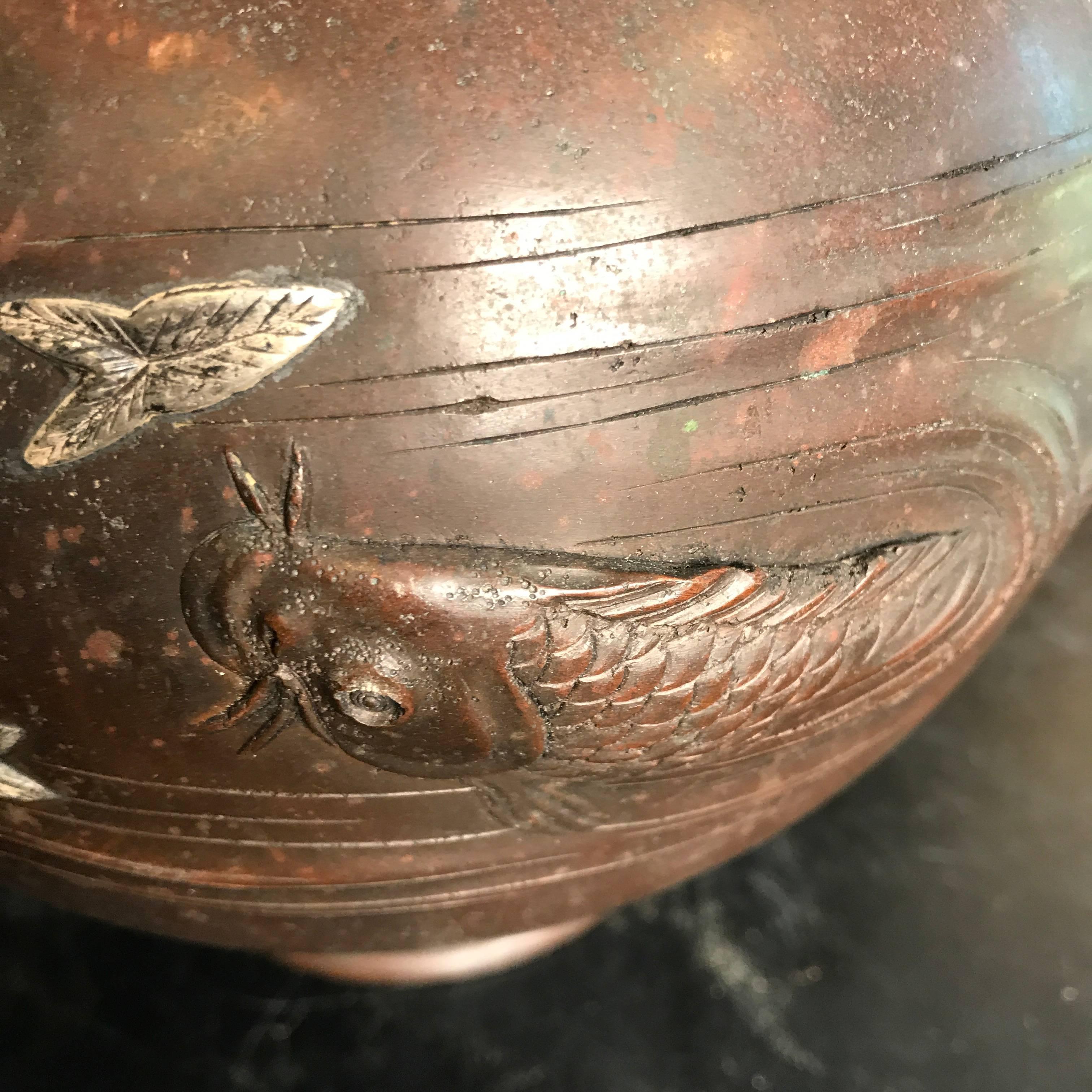 Cast Japan Antique Triple Koi Fish Inlaid Deep Relief Bronze Vase, 19th Century