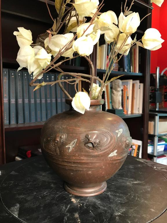 Japan Antique Triple Koi Fish Inlaid Deep Relief Bronze Vase, 19th