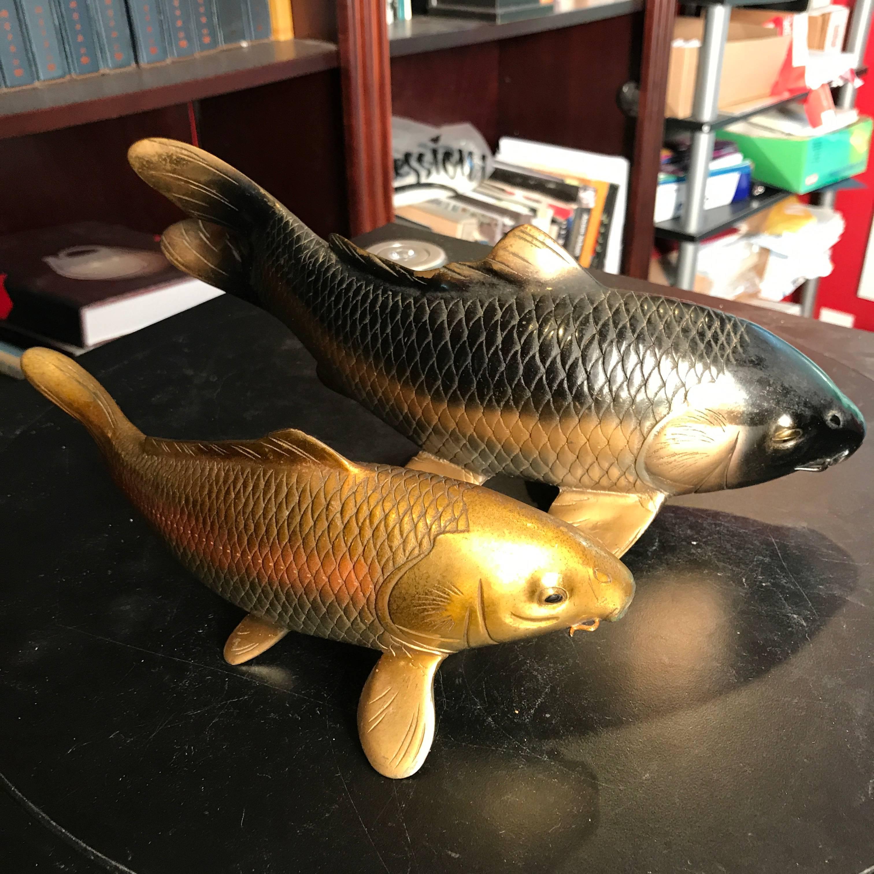 Japanese Finely Cast Bronze Pair of Koi Signed, Mint and Boxed In Good Condition In South Burlington, VT