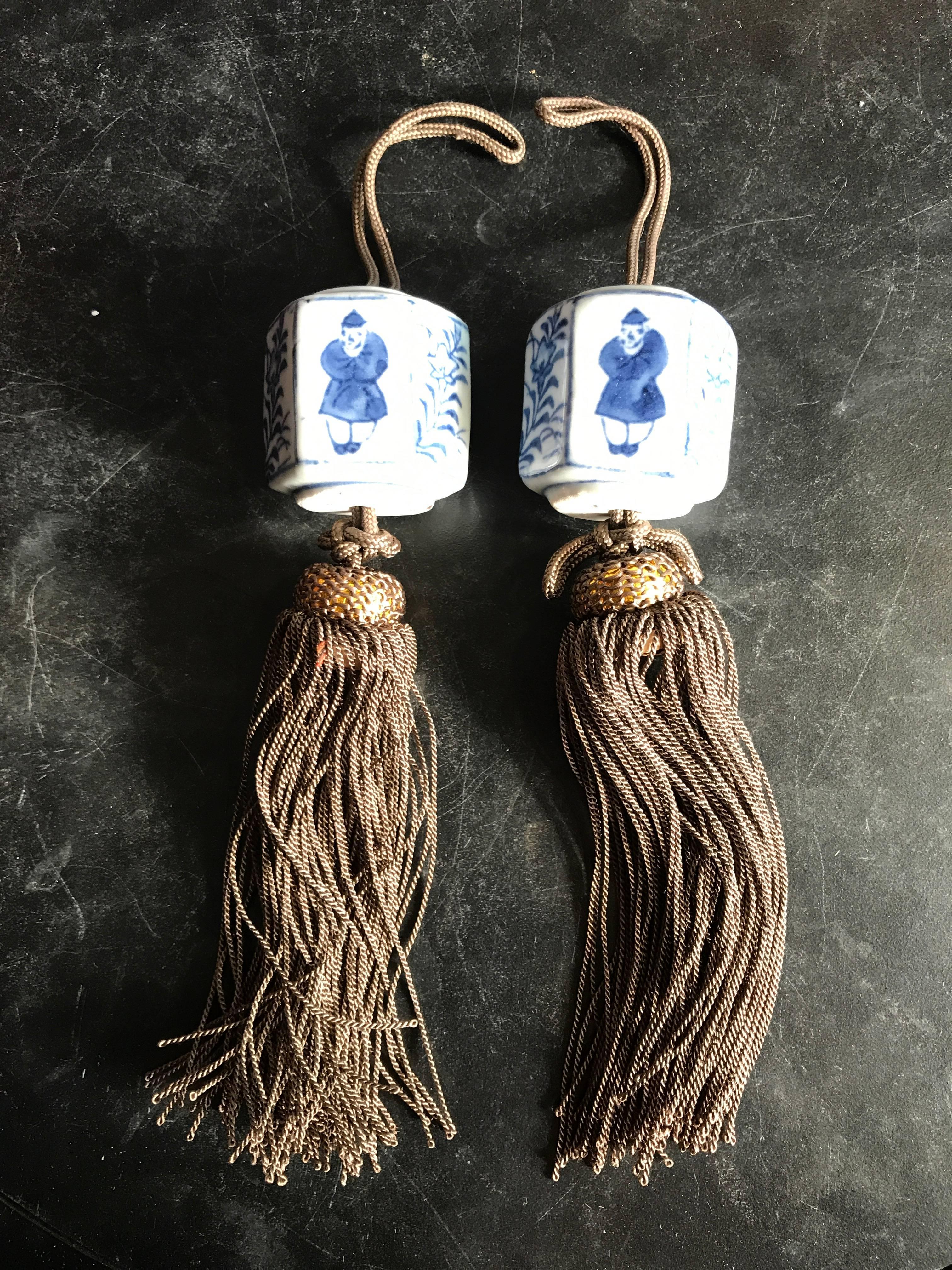 Japanese Find Pair Hand Painted Blue & White Fuchin Scroll Weights