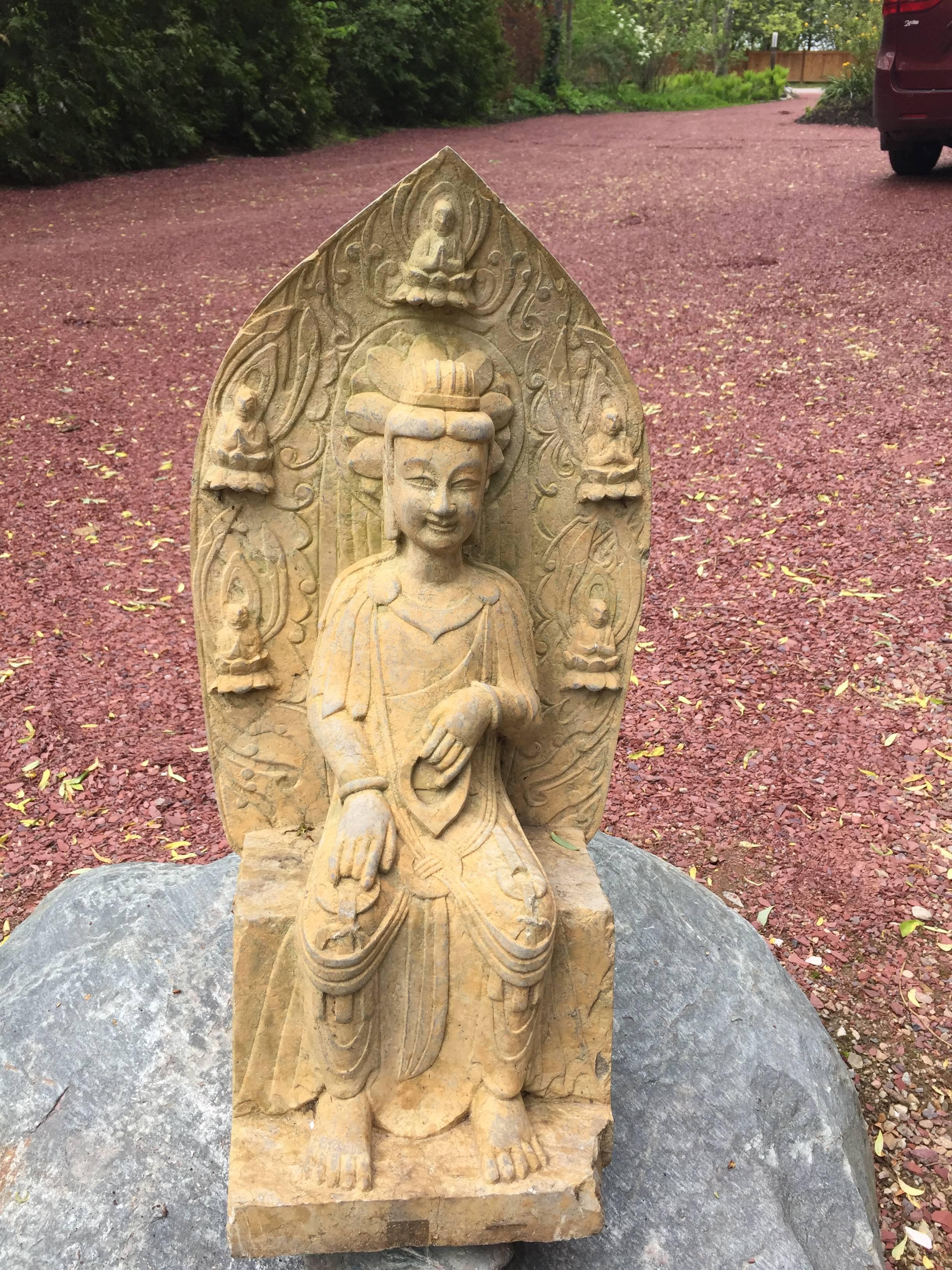 Hand-Crafted Old Garden Stone Guan Yin Buddha with Lovely Face