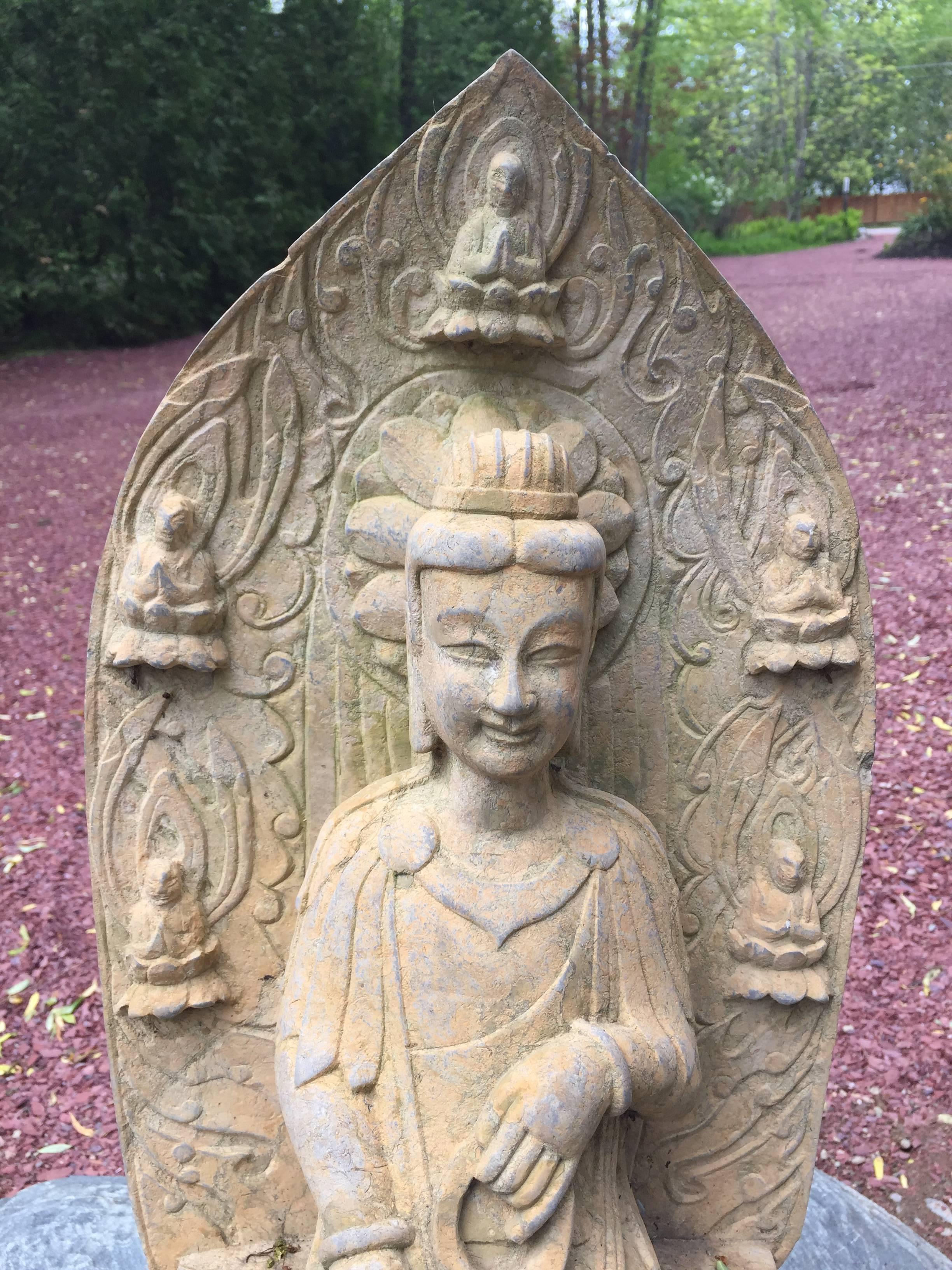 Old Garden Stone Guan Yin Buddha with Lovely Face In Good Condition In South Burlington, VT