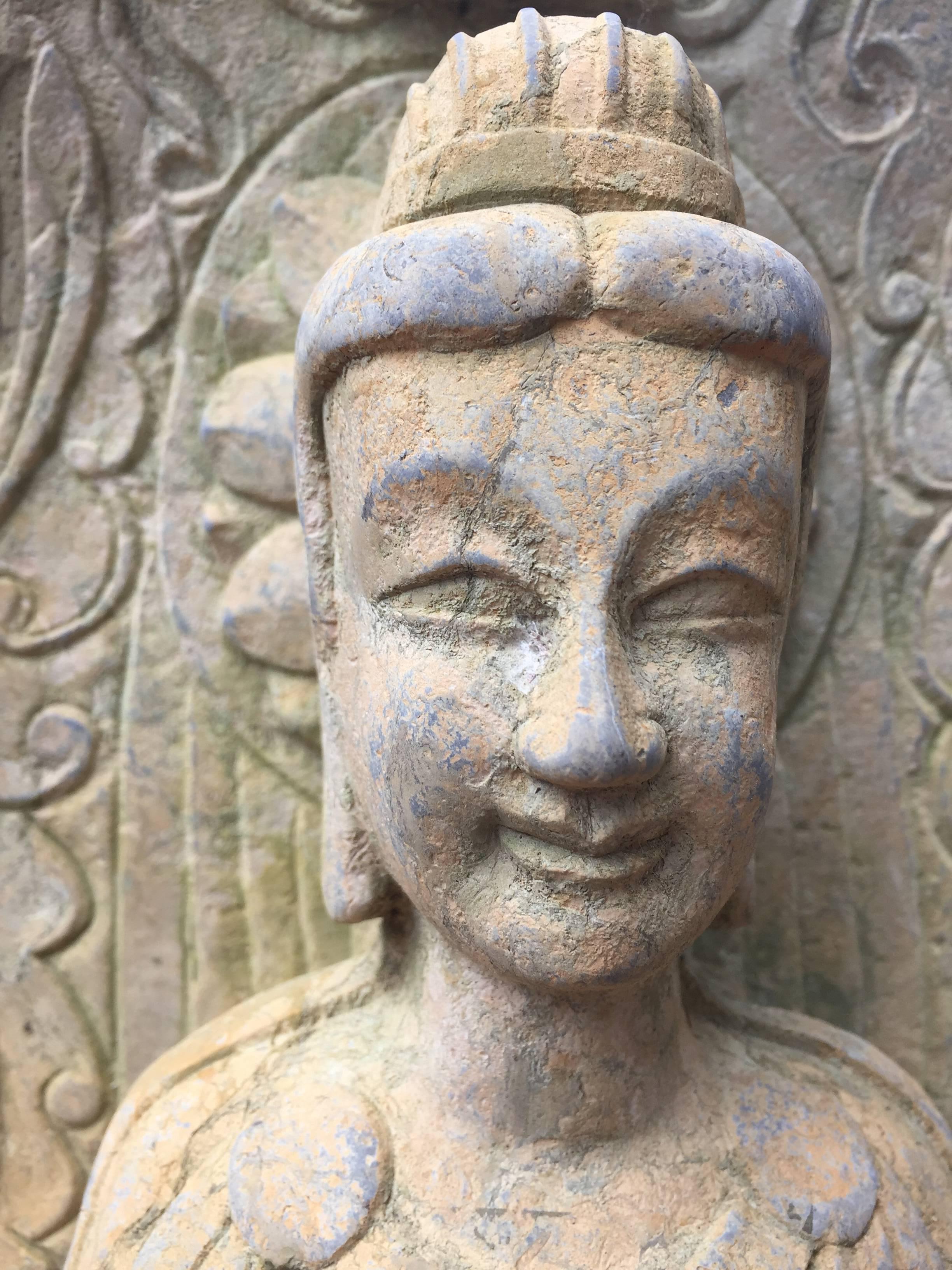 20th Century Old Garden Stone Guan Yin Buddha with Lovely Face