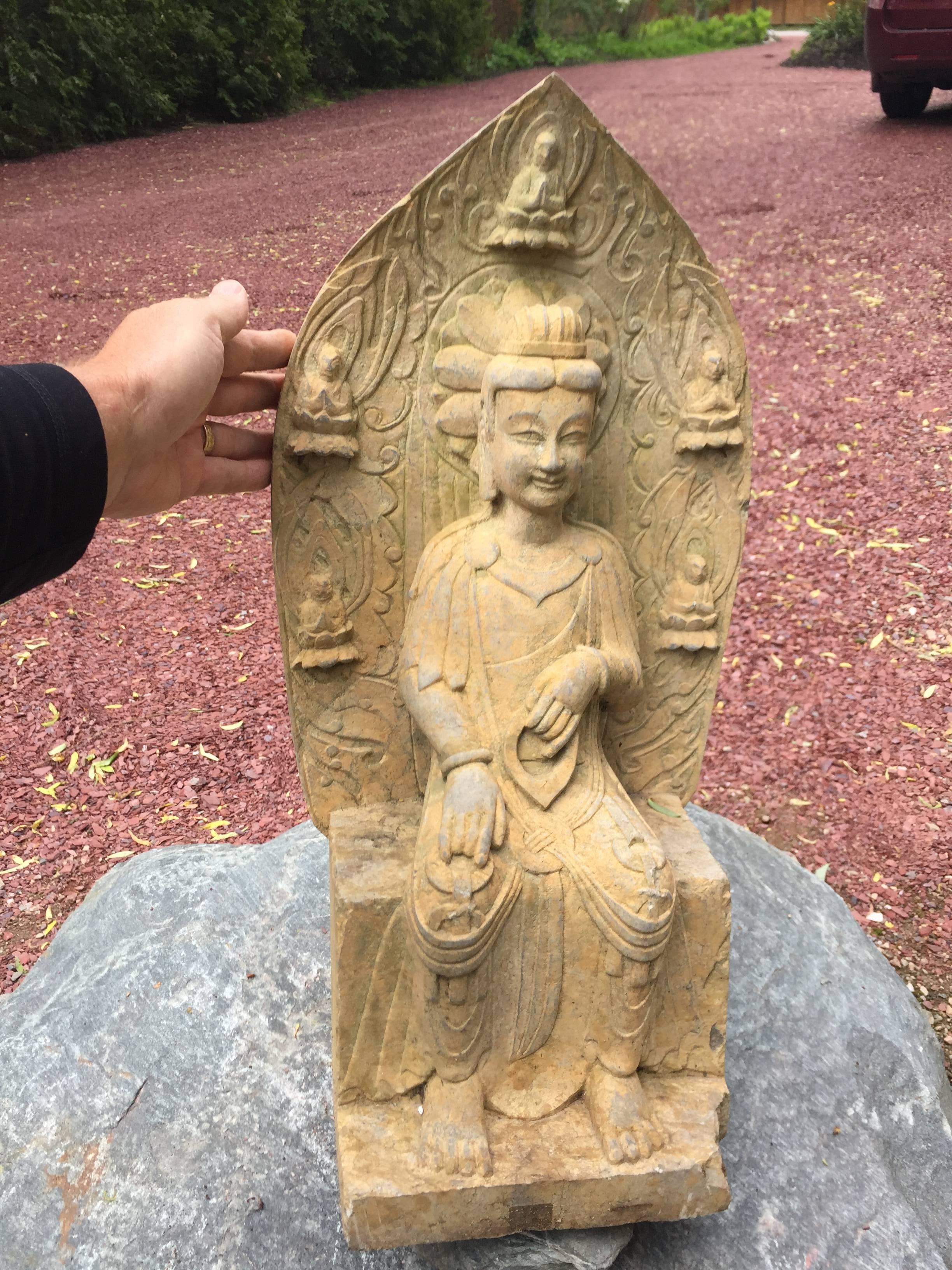 Chinese Old Garden Stone Guan Yin Buddha with Lovely Face