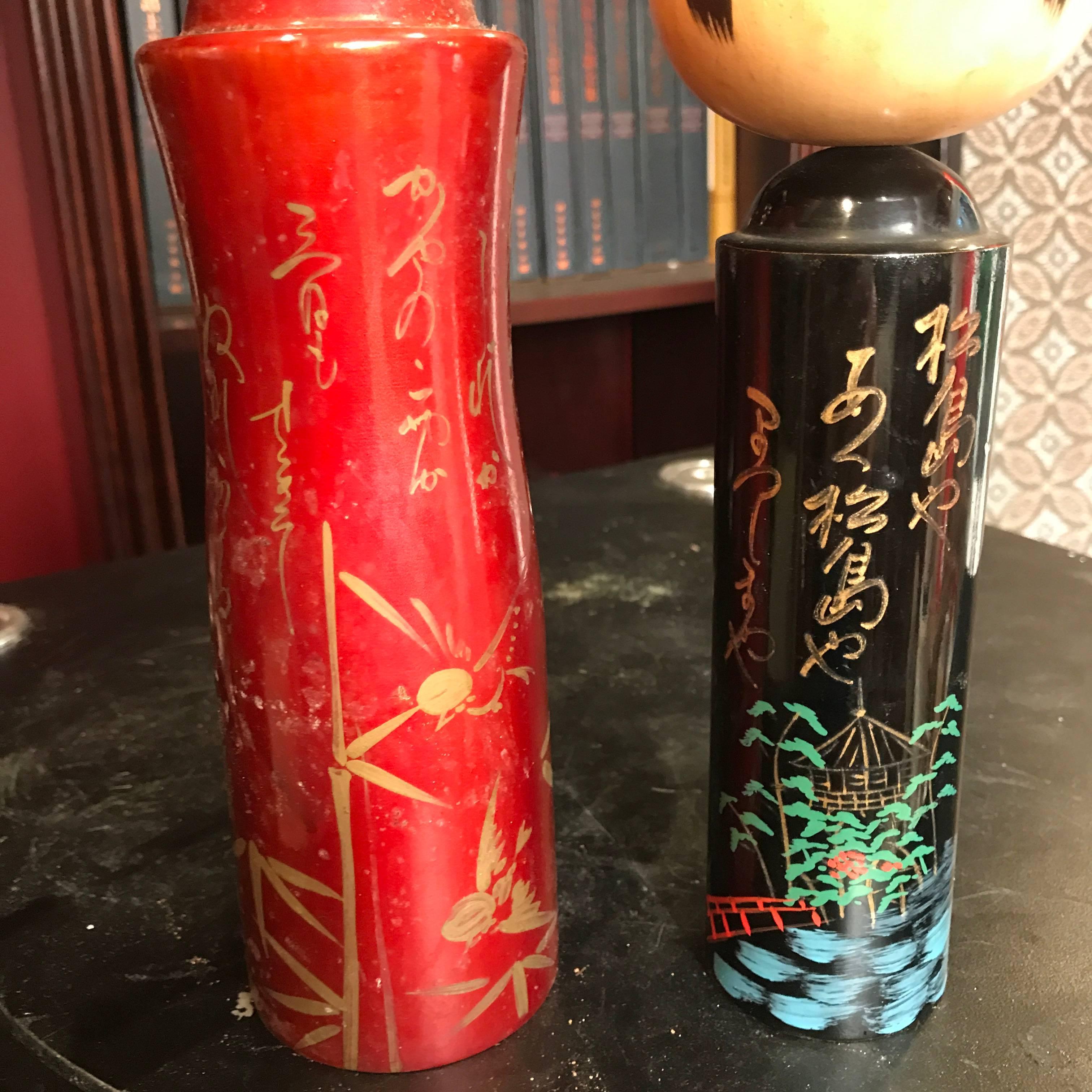Japanese Pair of Unusual Artisan Signed Dolls, Rare Red and Black Lacquer In Good Condition In South Burlington, VT