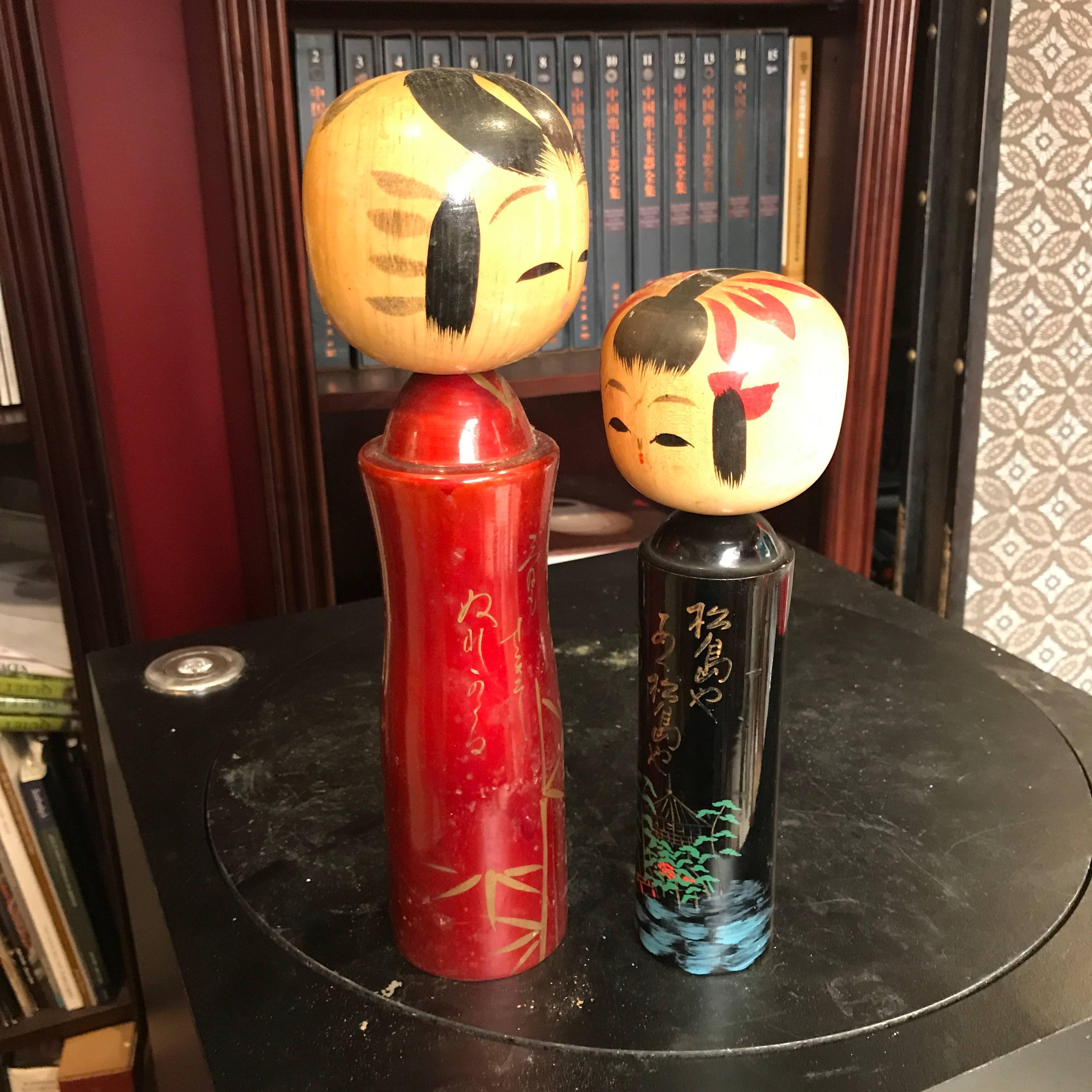 20th Century Japanese Pair of Unusual Artisan Signed Dolls, Rare Red and Black Lacquer