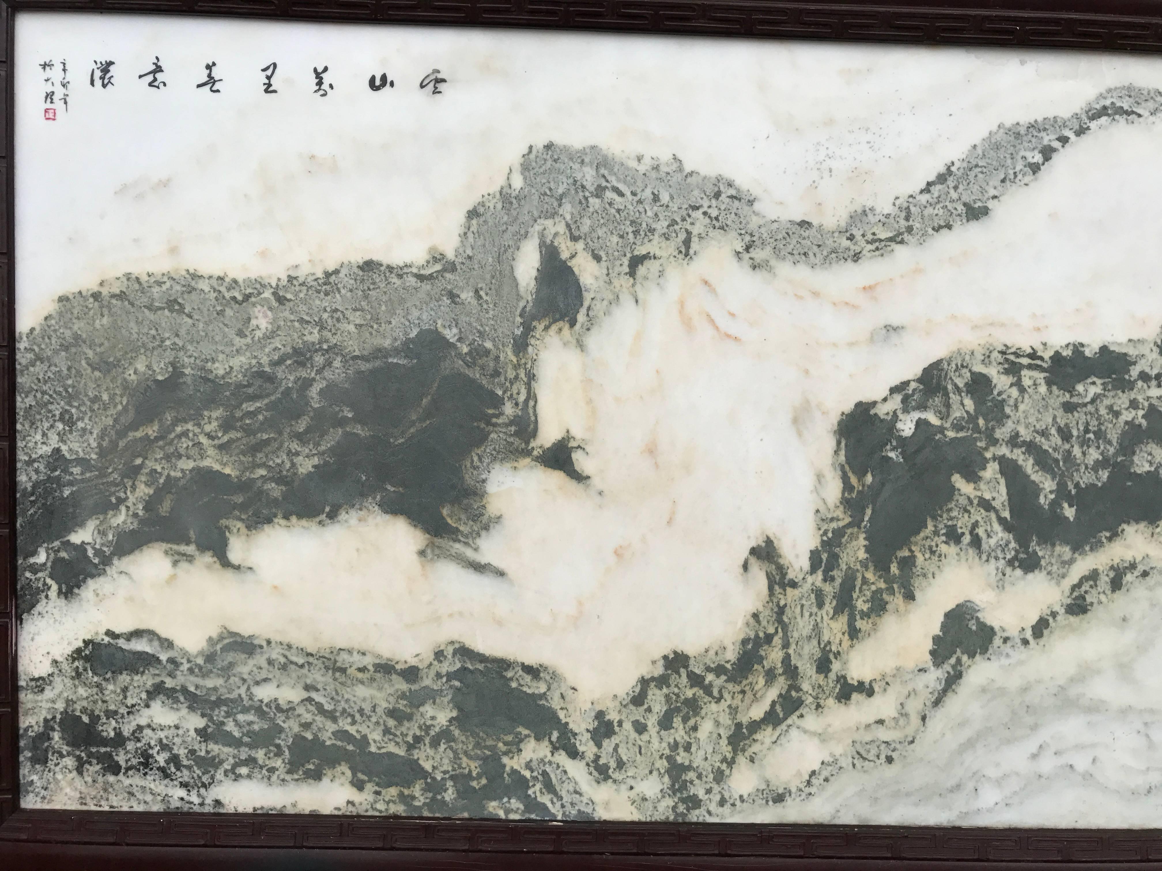China Große Berglandschaft aus natürlichem Marmor „Painting“  (Handgeschnitzt) im Angebot